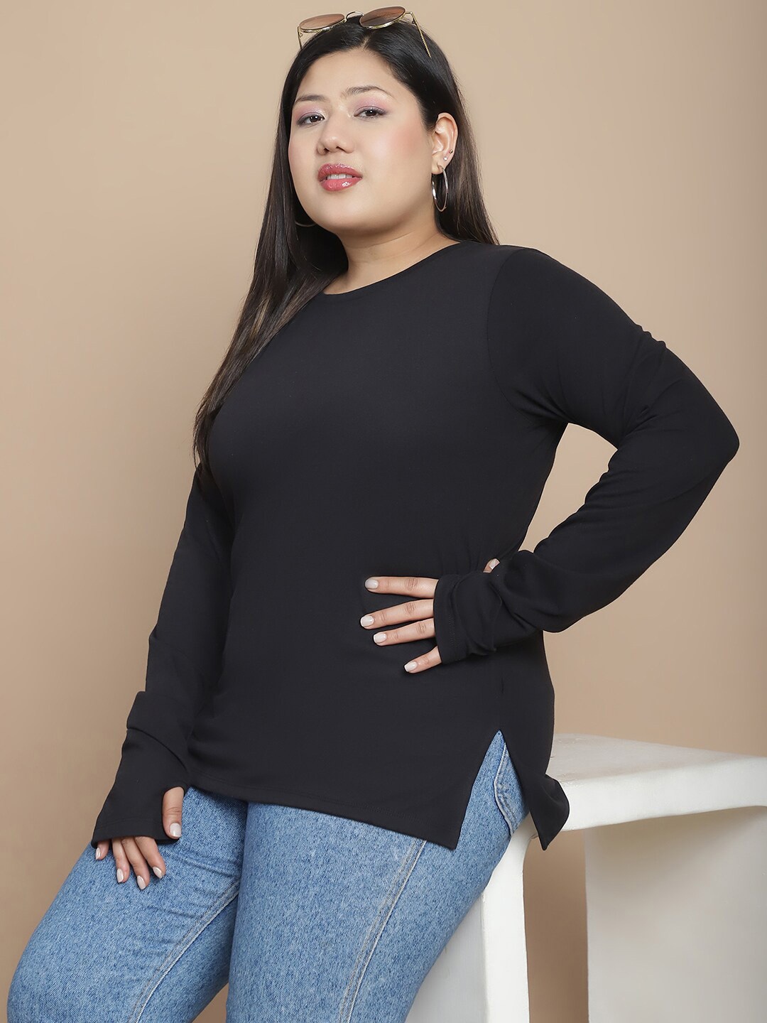 

Rigo Plus Size Thumb Hole Cotton Top, Black