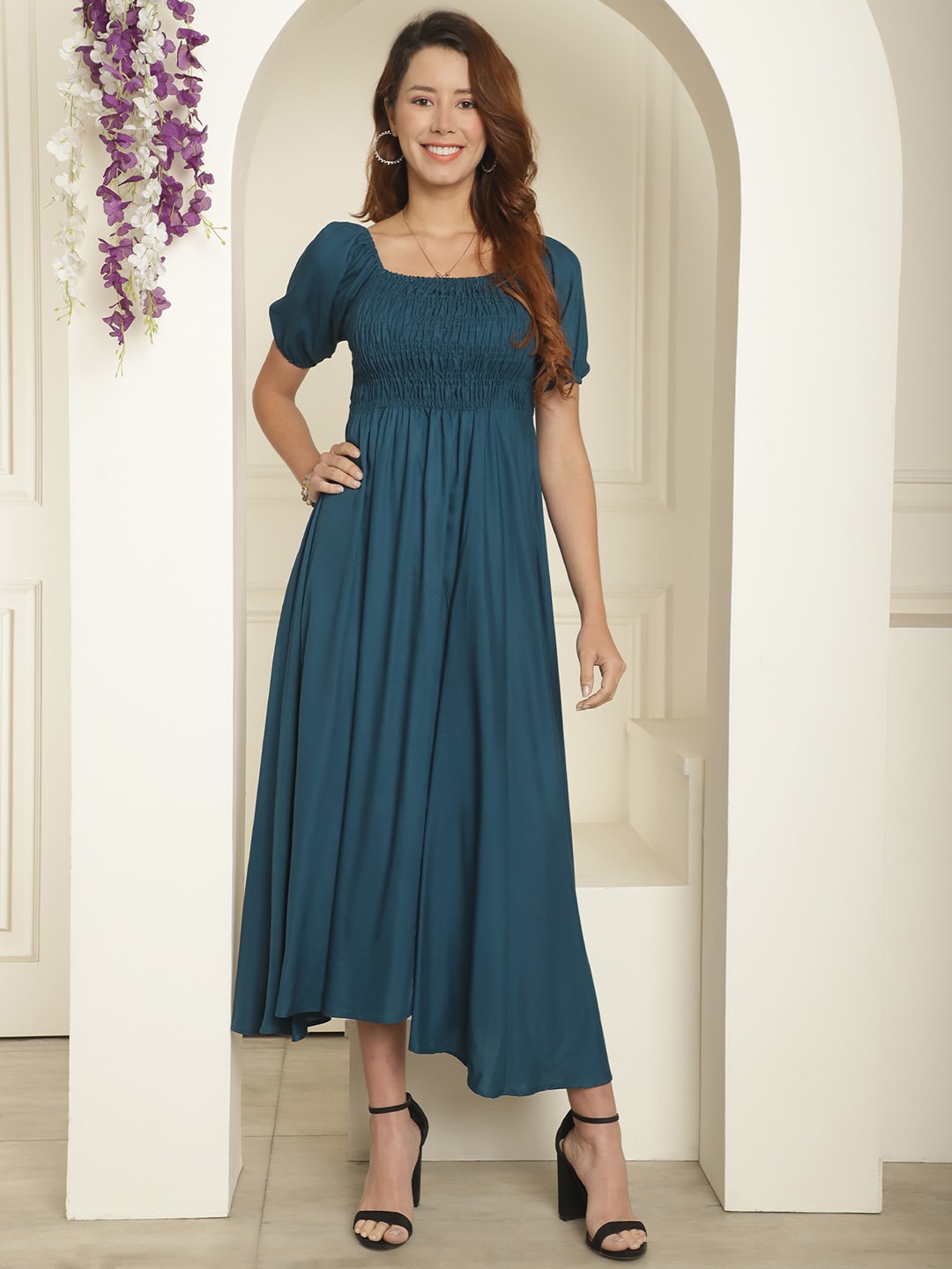 

Aawari Square Neck Puff Sleeve Smocked Fit & Flare Midi Dress, Blue