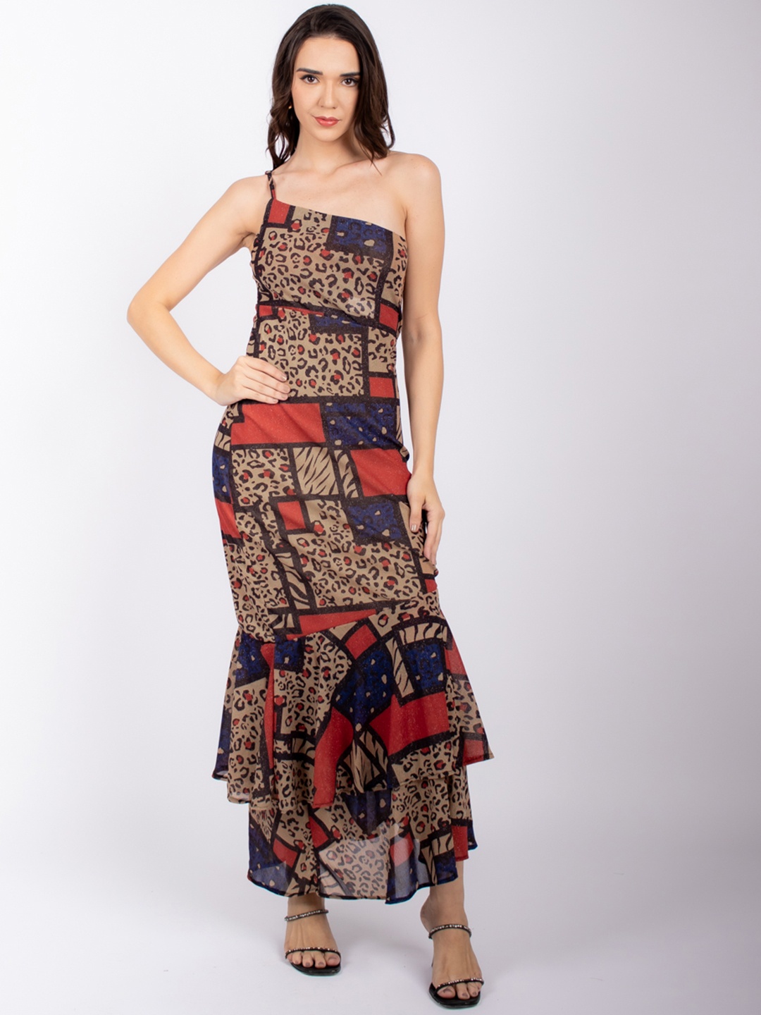 

Stylecast X Hersheinbox Animal Print One Shoulder Ruffled Hem A-Line Maxi Dress, Beige