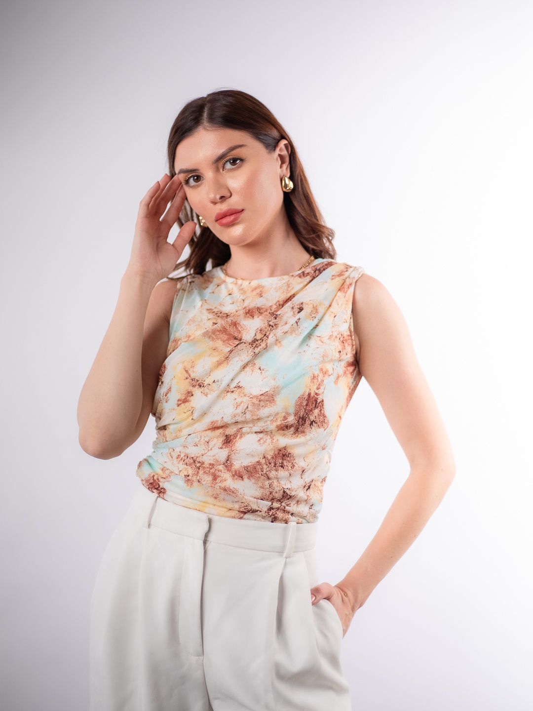 

Stylecast X Hersheinbox Abstract Print Ruched Bodysuit, Beige