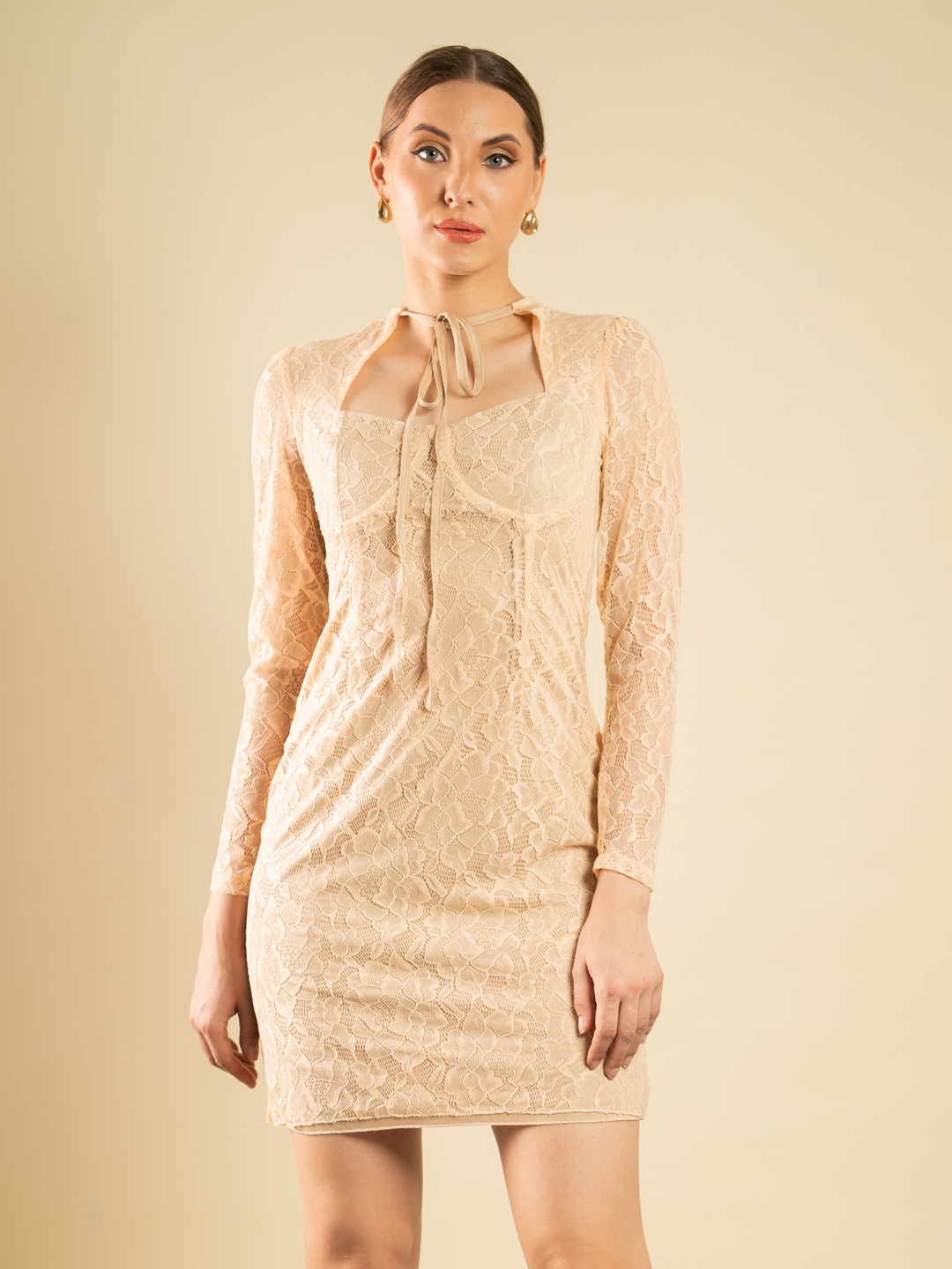 

Stylecast X Hersheinbox Tie-Up Neck Lace Mini Dress, Beige