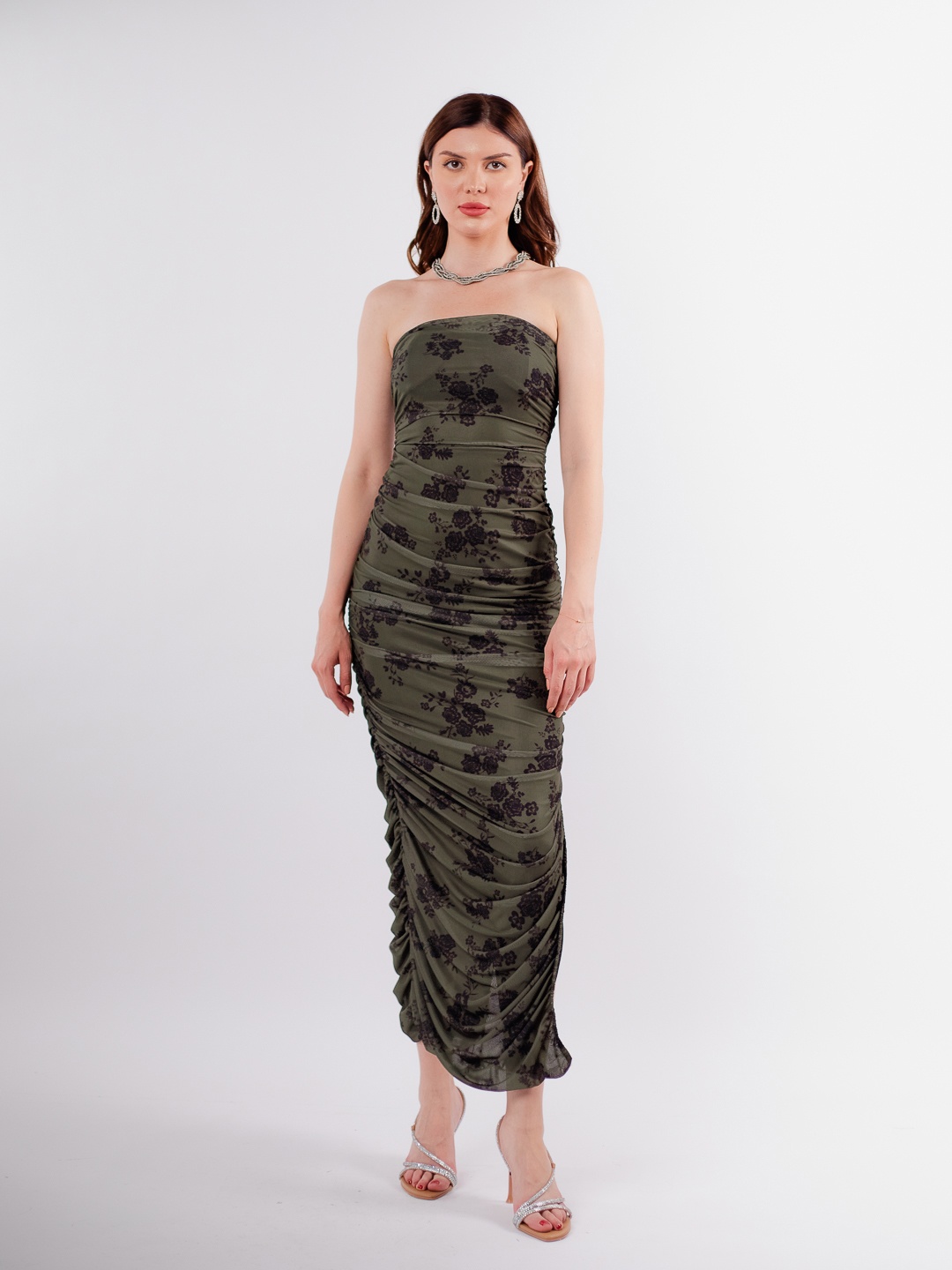 

Stylecast X Hersheinbox Floral Print Strapless Ruched Bodycon Midi Dress, Olive