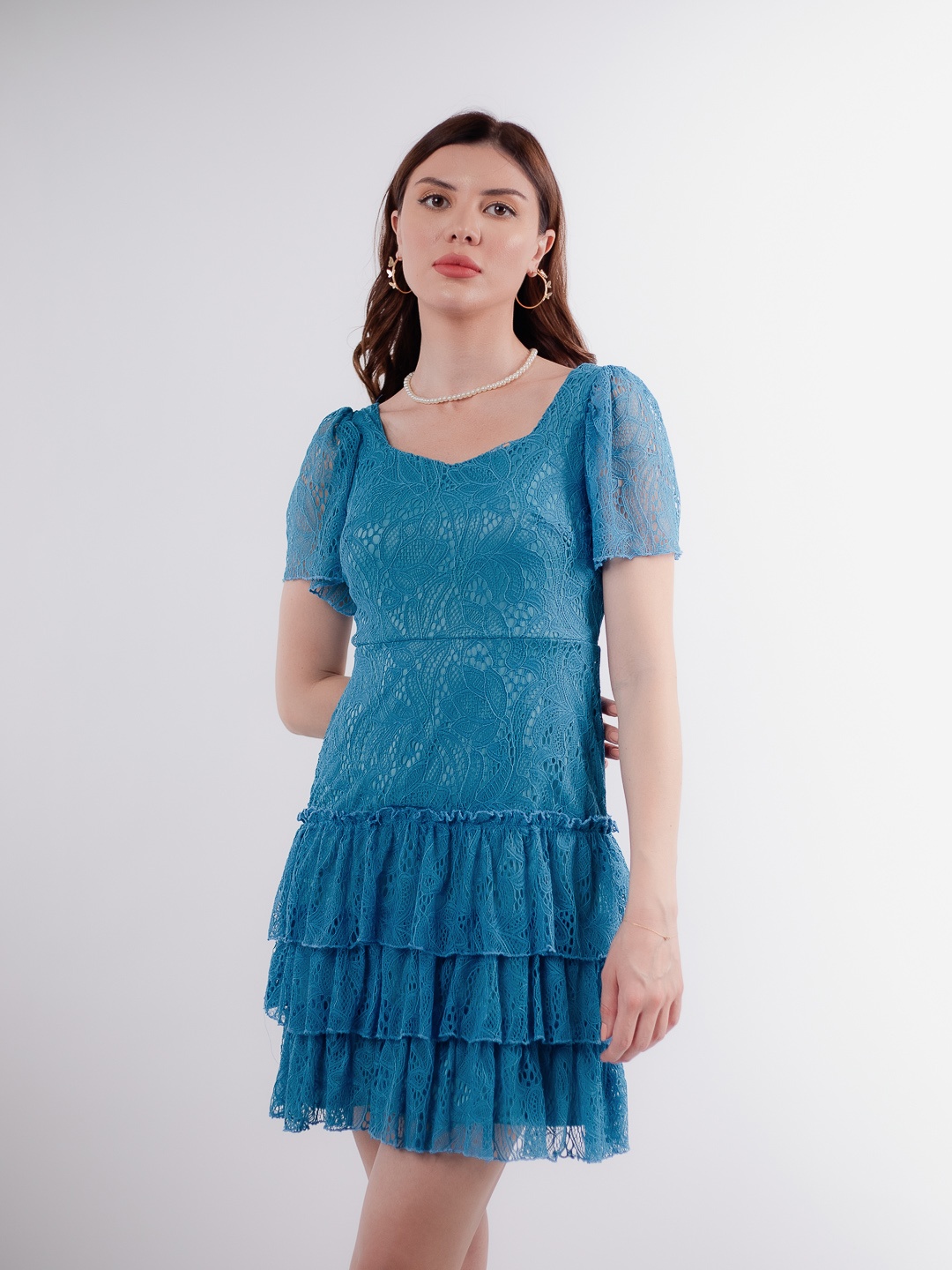 

Stylecast X Hersheinbox Lace Self-Design Layered A-line Dress, Blue