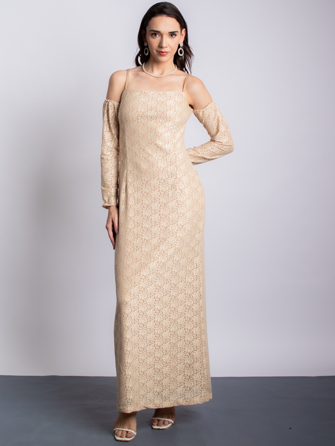 

Stylecast X Hersheinbox Cold-Shoulder Lace Inserted Maxi Dress, Beige
