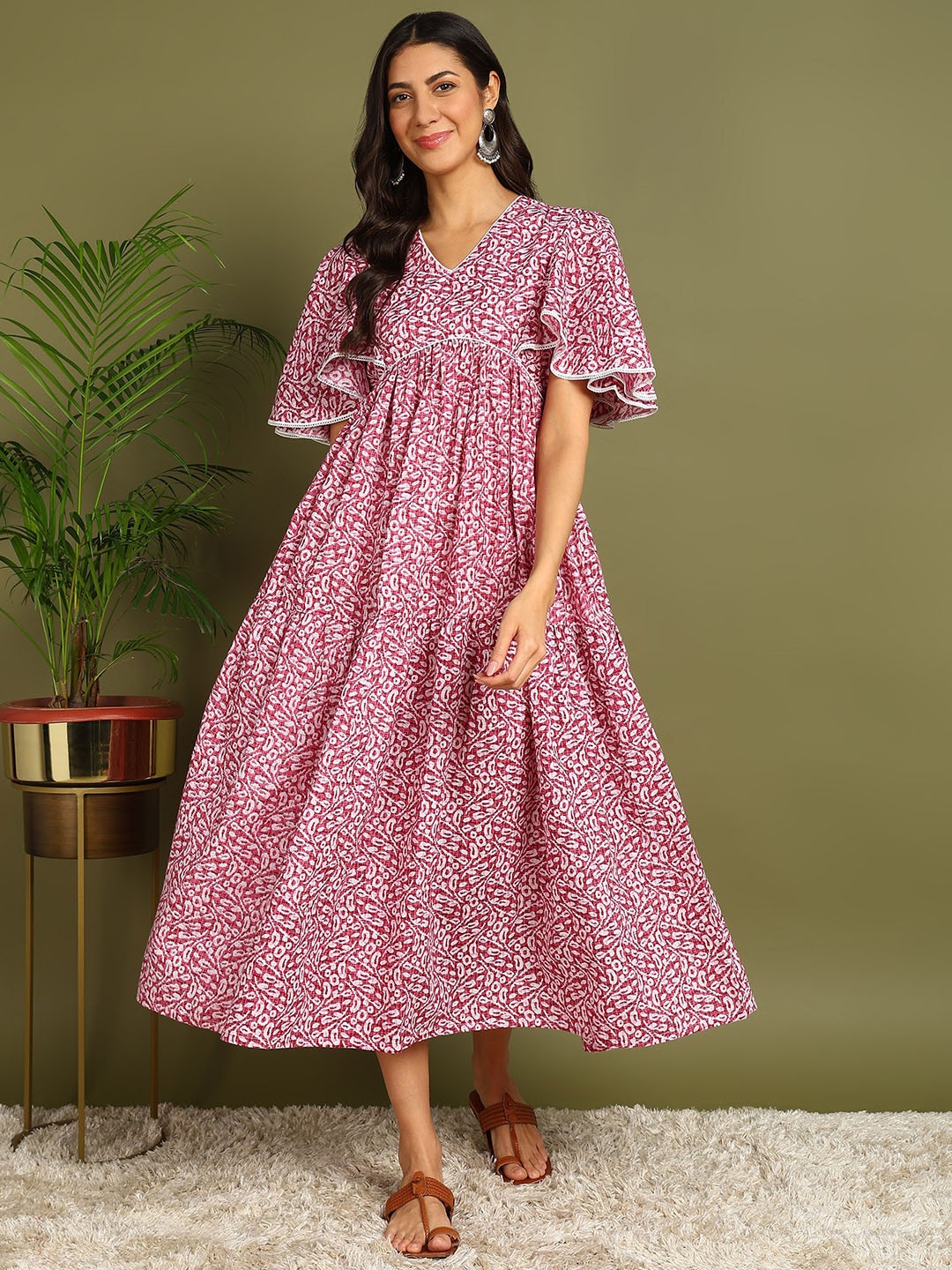 

ZNX Clothing Floral Print Flutter Sleeves Cotton Maternity A-Line Midi Dress, Pink