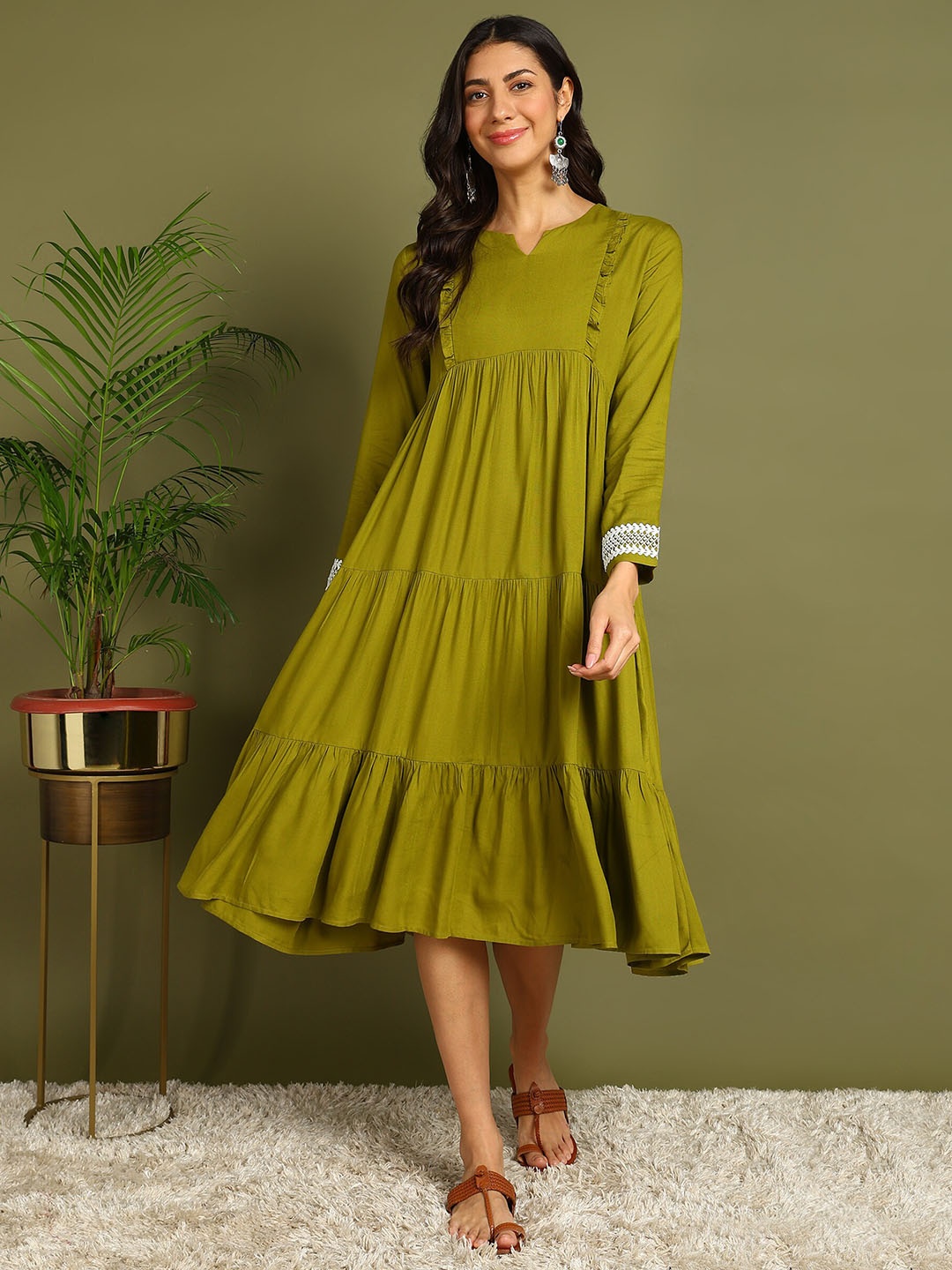 

ZNX Clothing Notched Neck Tiered Cotton Maternity A-Line Midi Dress, Olive