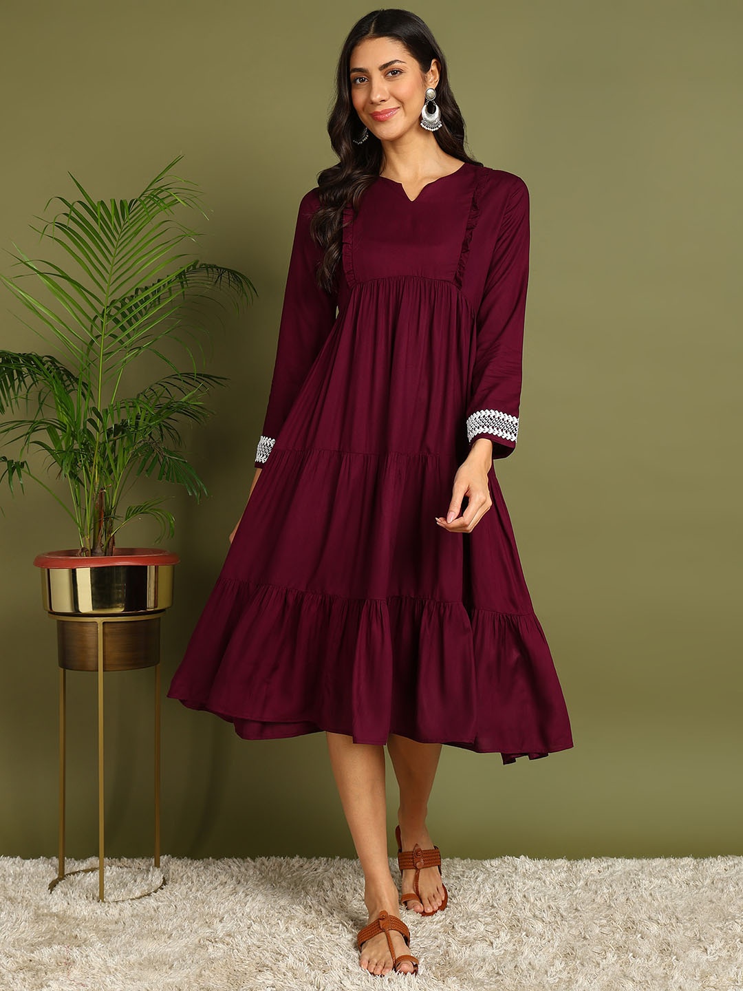 

ZNX Clothing Notched Neck Tiered Cotton Maternity A-Line Midi Dress, Purple