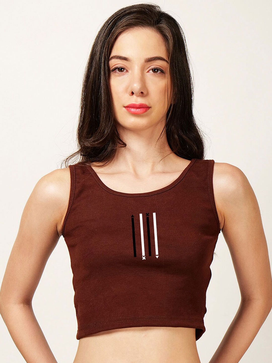 

Fashion And Youth Geometric Printed Cotton Fitted Crop Top, Coffee brown