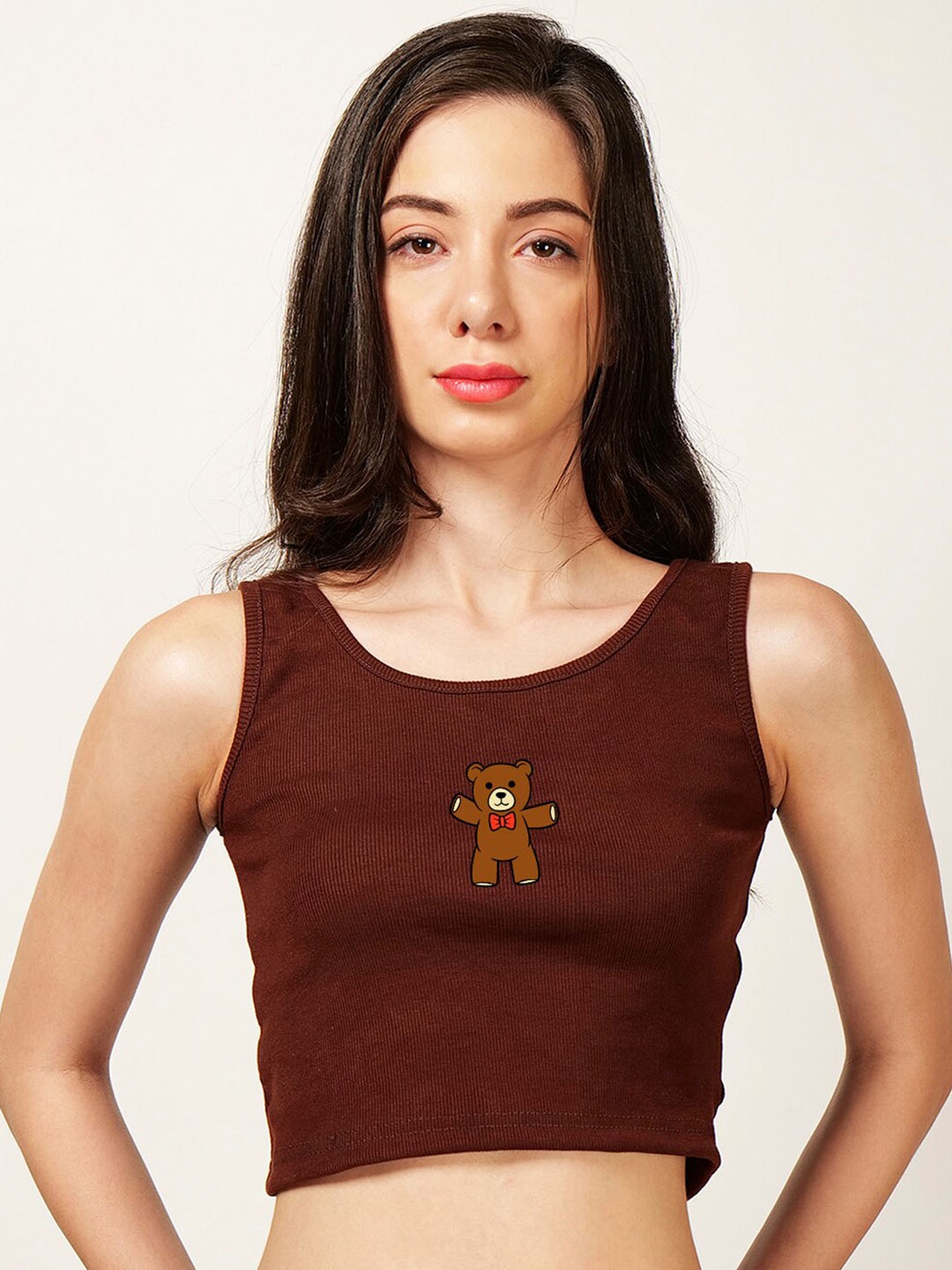 

Fashion And Youth Printed Round Neck Fitted Crop Top, Coffee brown