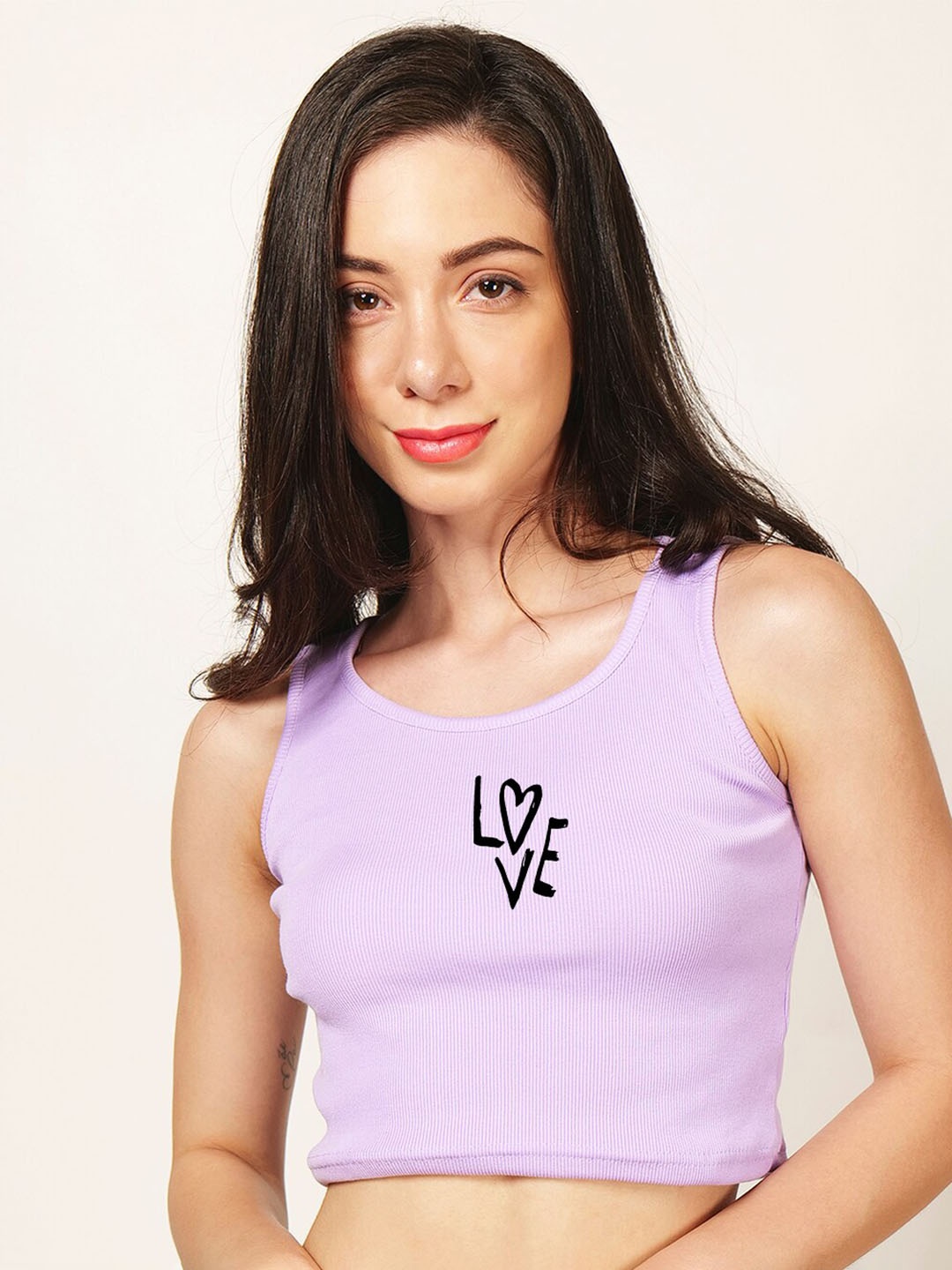 

Fashion And Youth Printed Round Neck Fitted Crop Top, Lavender