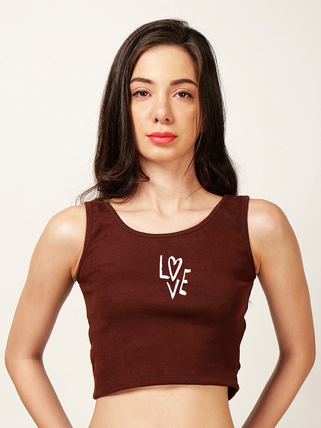 

Fashion And Youth Typography Printed Round Neck Sleeveless Cotton Crop Top, Coffee brown