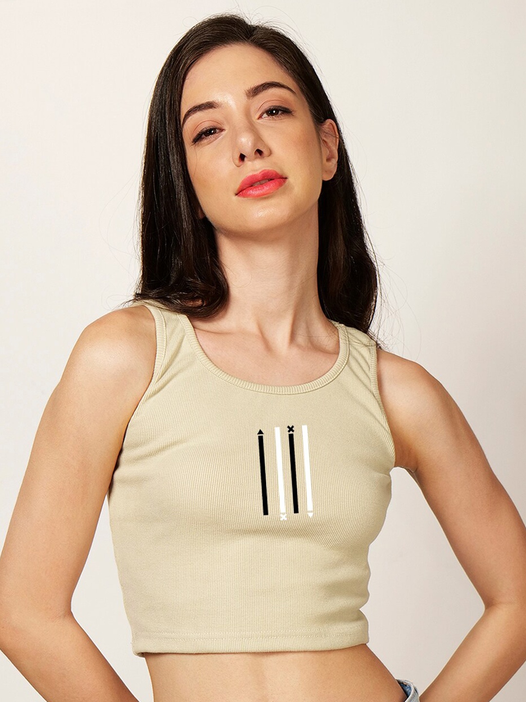 

Fashion And Youth Graphic Printed Round Neck Sleeveless Cotton Crop Top, Beige