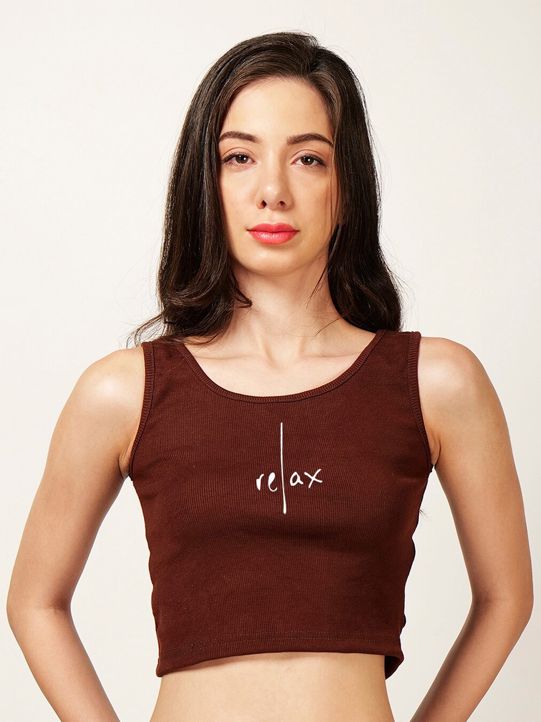 

Fashion And Youth Typography Printed Round Neck Sleeveless Cotton Crop Top, Coffee brown