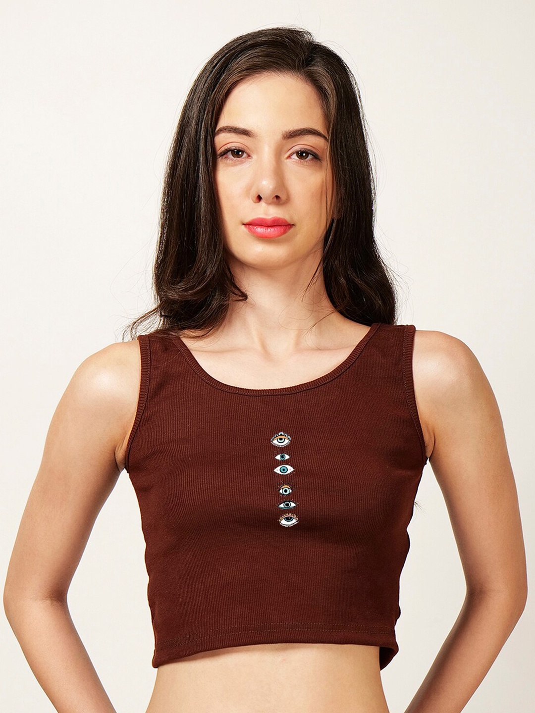 

Fashion And Youth Graphic Printed Sleeveless Fitted Crop Top, Coffee brown