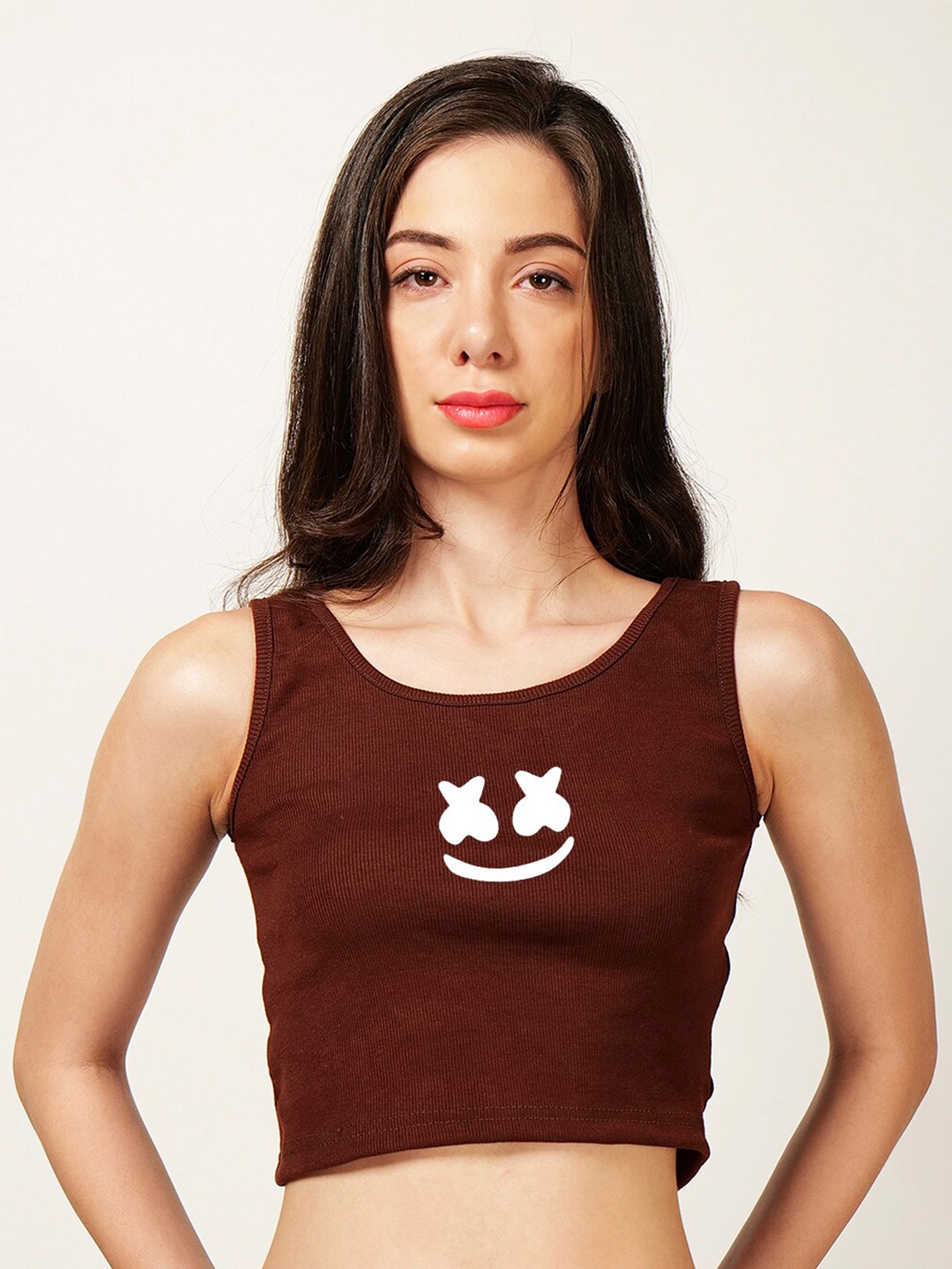 

Fashion And Youth Graphic Printed Sleeveless Fitted Crop Top, Coffee brown