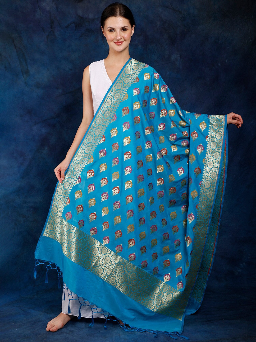 

Exotic India Woven Design Art Silk Dupatta with Zari, Blue