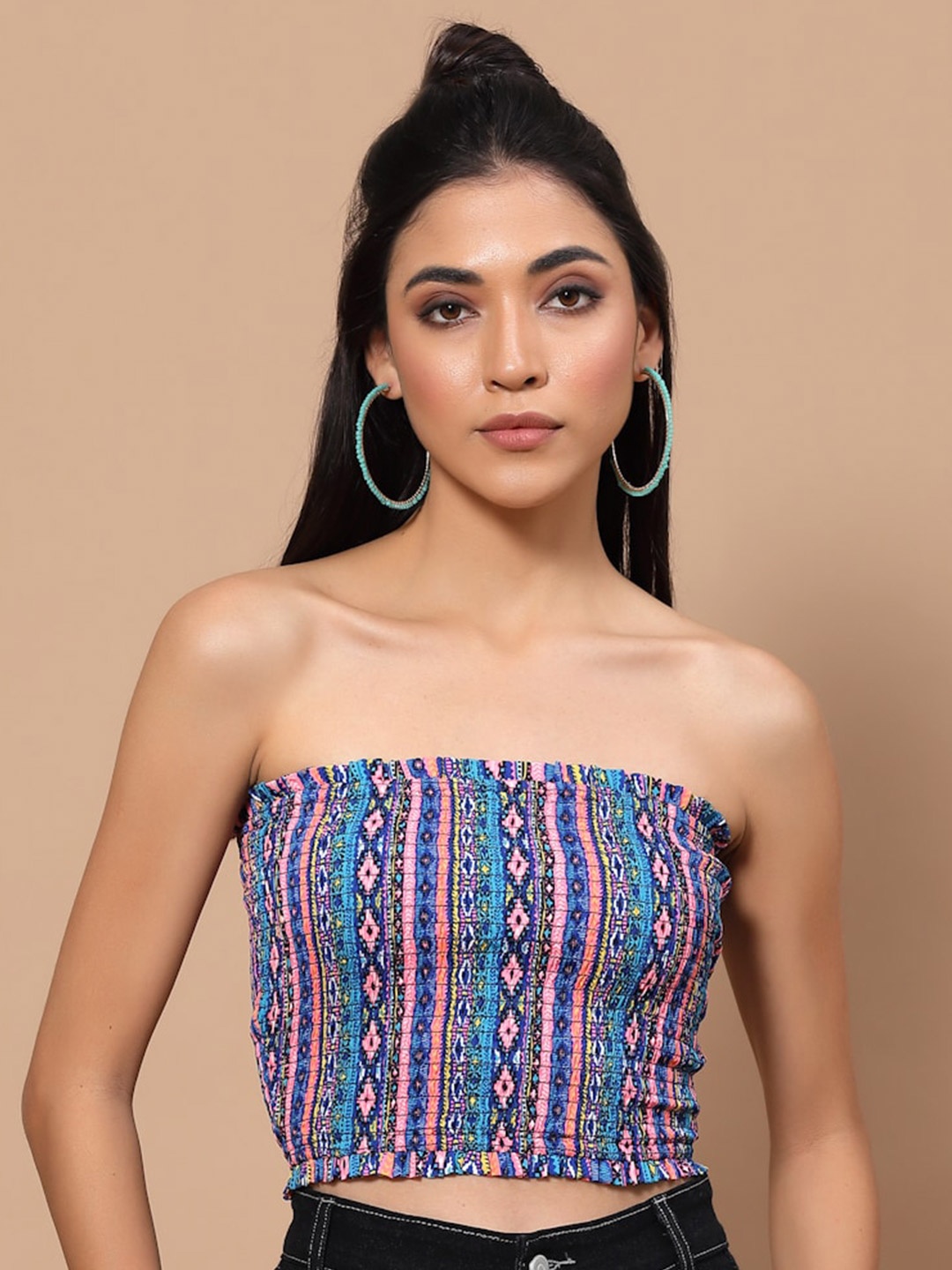 

HOUSE OF KKARMA Off Shoulder Printed Crepe Tube Crop Top, Blue