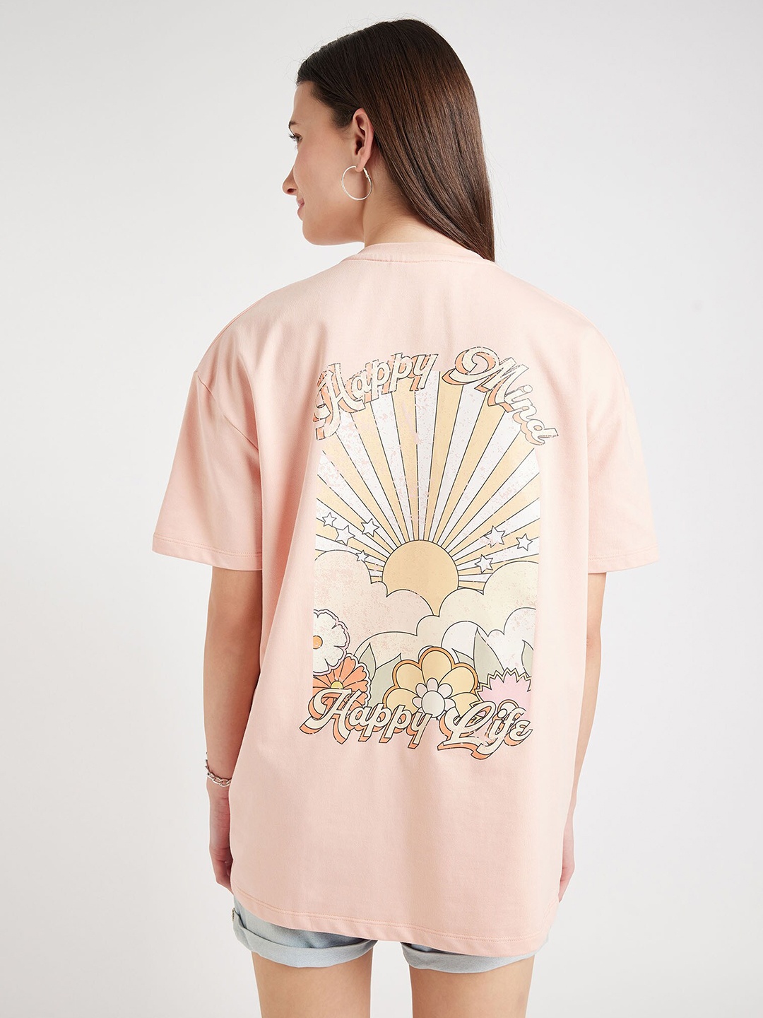 

EDRIO Graphic Printed Drop-Shoulder Sleeves Oversized Cotton T-shirt, Peach