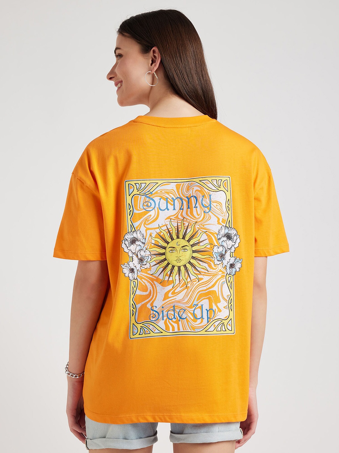 

EDRIO Graphic Printed Drop-Shoulder Sleeves Oversized Cotton T-shirt, Orange
