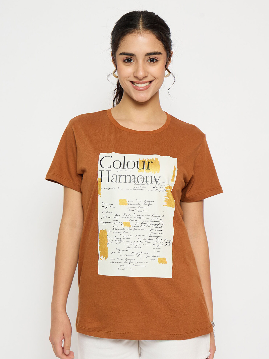 

EDRIO Typography Printed Cotton T-shirt, Brown