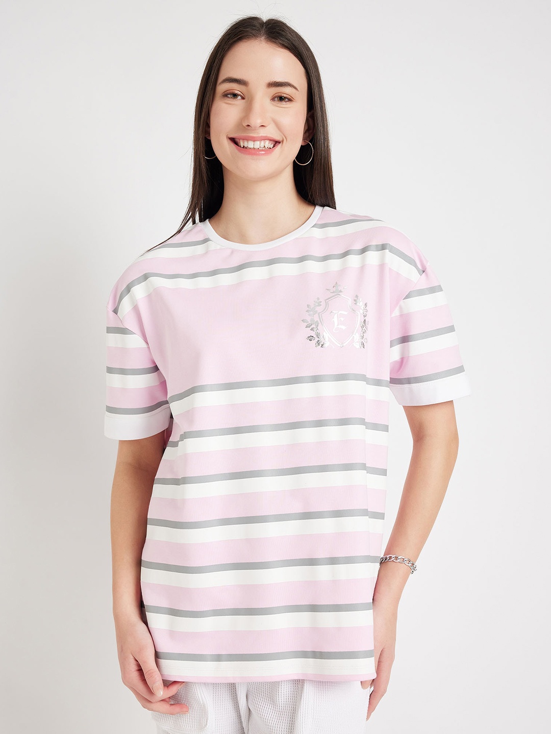 

EDRIO Striped Drop-Shoulder Sleeves Cotton T-shirt, Pink