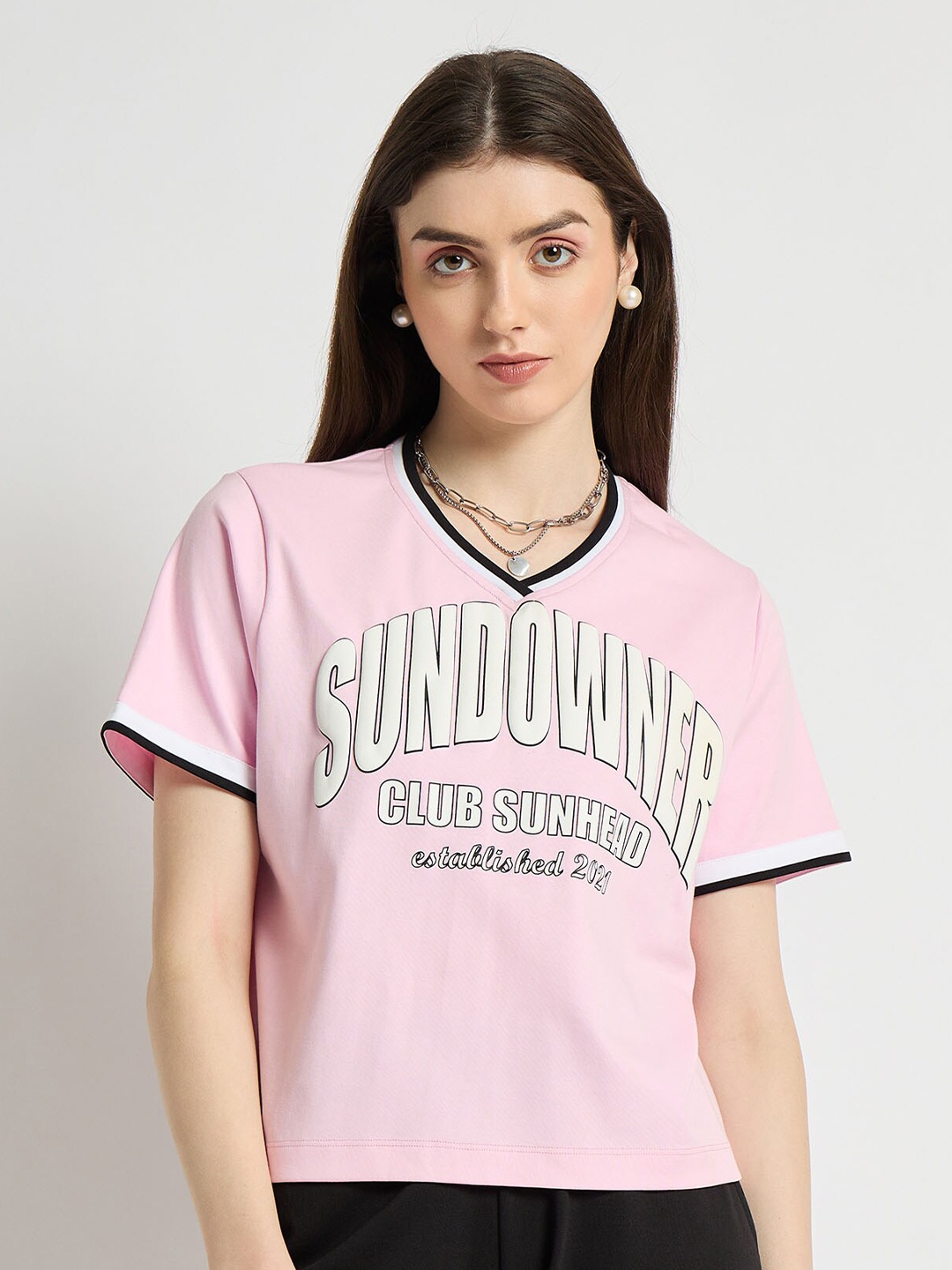 

EDRIO Typography Printed V-Neck Cotton T-shirt, Pink