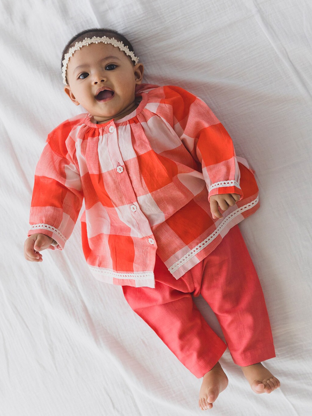 

Tiber Taber Girls Round Neck Checked Tunic with Trousers, Red