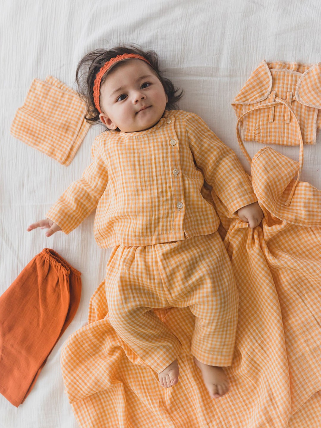 

Tiber Taber Infants Checked Pure Cotton Top with Trousers, Orange