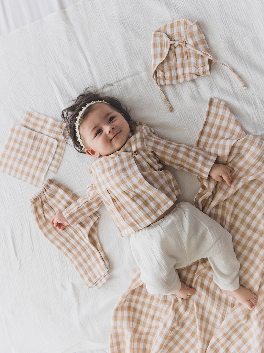 

Tiber Taber Infants Checked V Neck Pure Cotton Top with Trousers, Beige