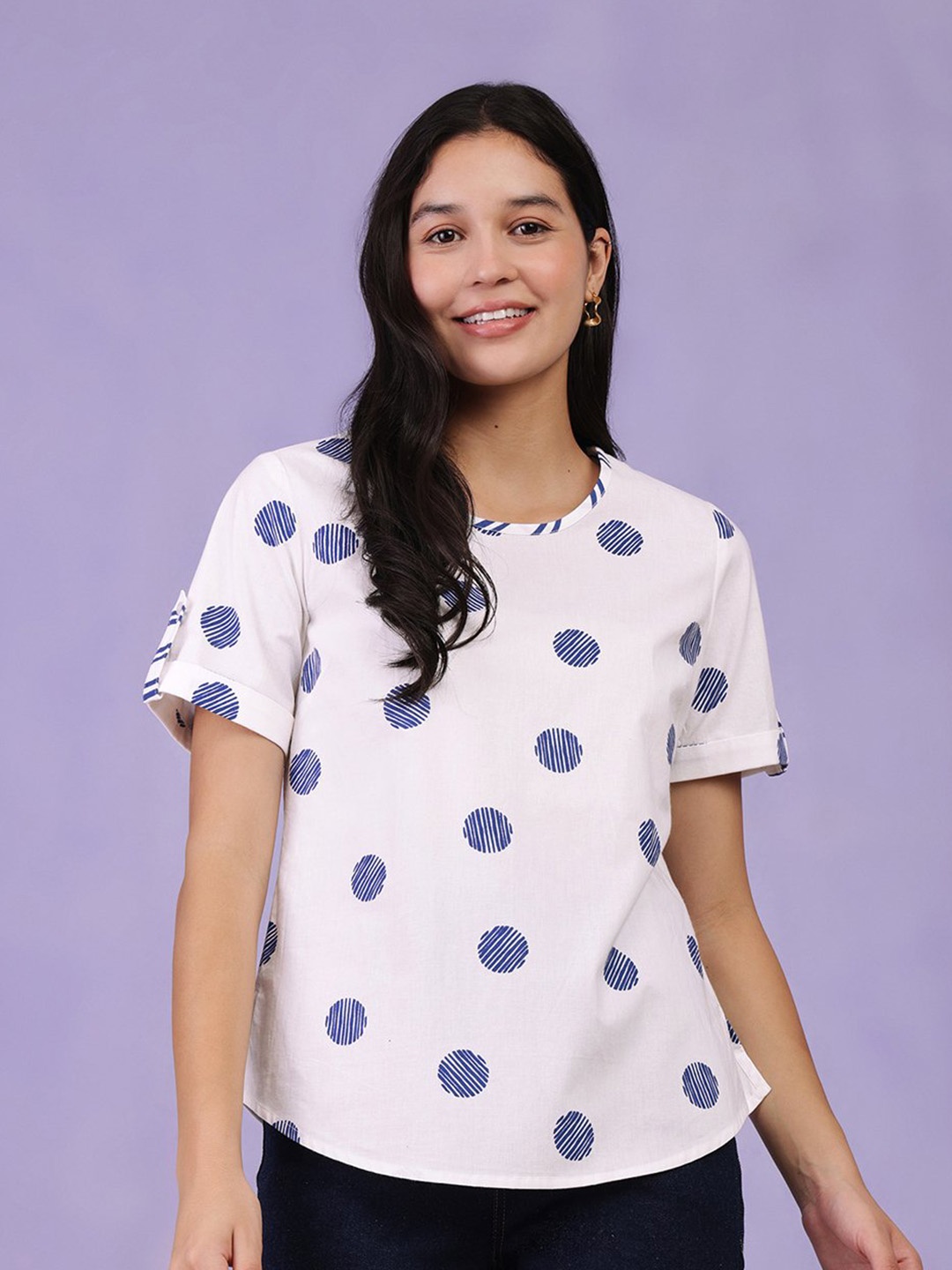 

Pink Fort Polka Dot Printed Pure Cotton Top, White