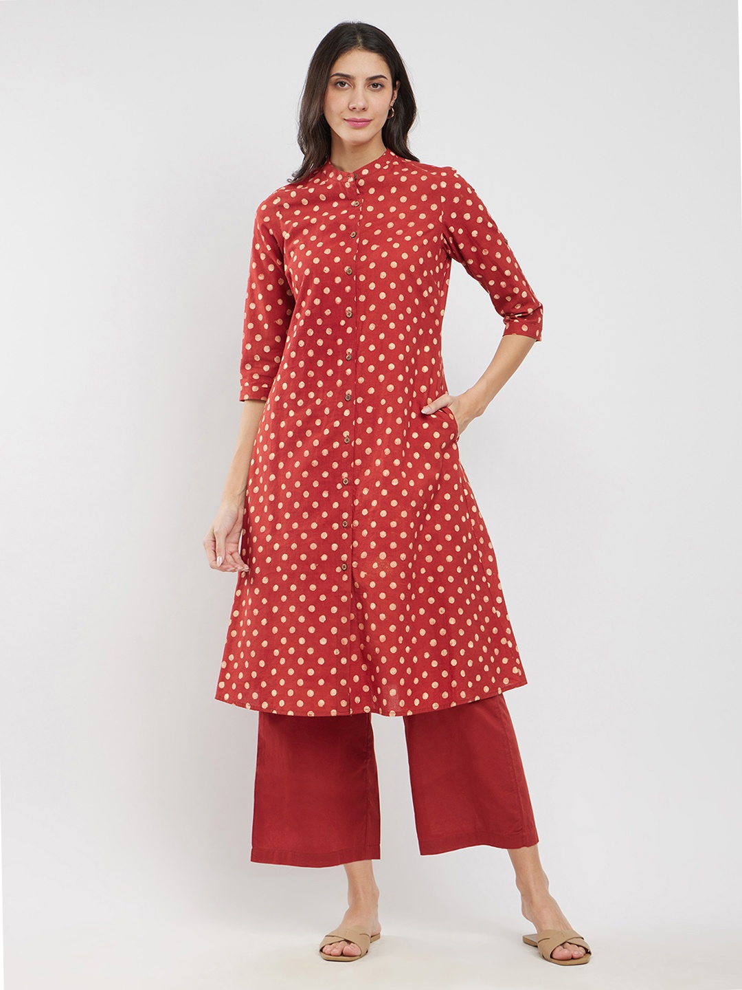 

Pink Fort Polka Dots Printed Straight Pure Cotton Kurta with Palazzos, Red