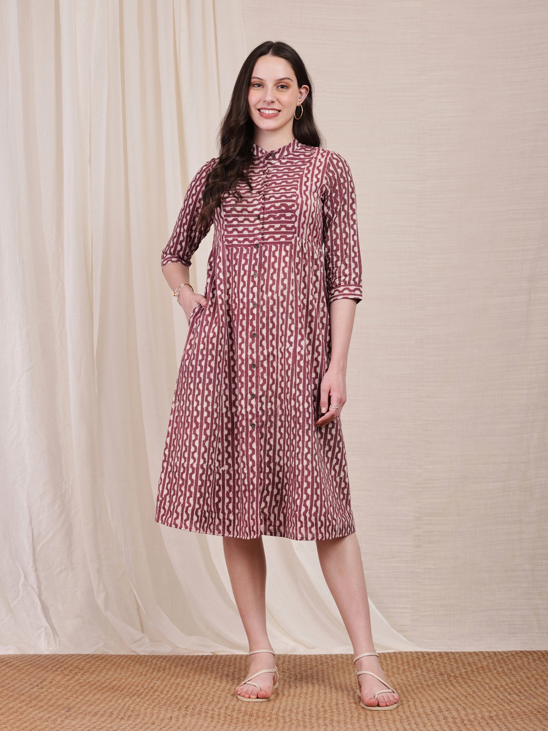 

Pink Fort Geometric Print Mandarin Collar Cotton A-Line Midi Dress, Purple