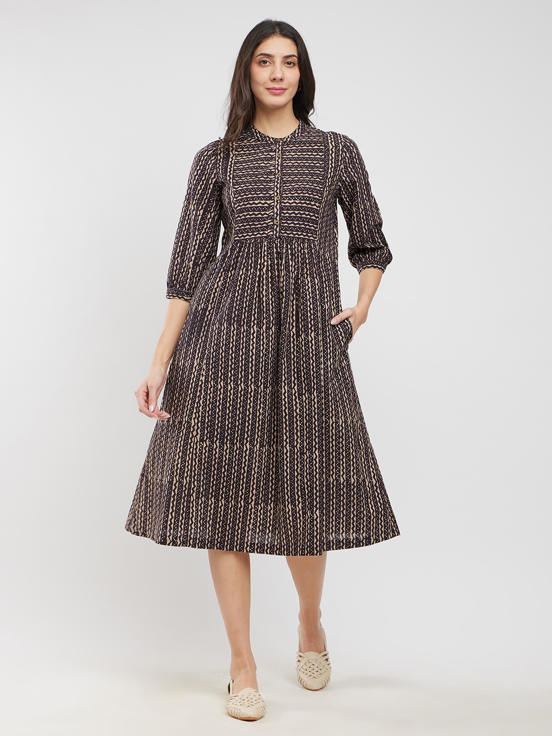 

Pink Fort Geometric Printed Cotton A-Line Midi Dress, Black