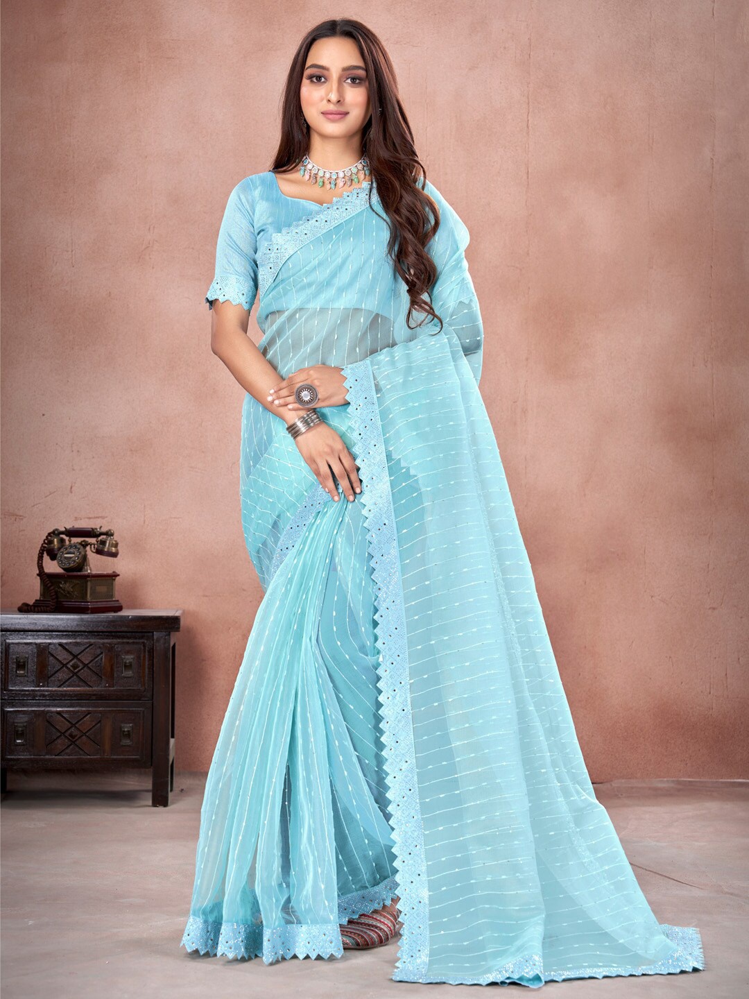 

Saree mall Striped Beads And Stones Embellished Organza Saree, Blue