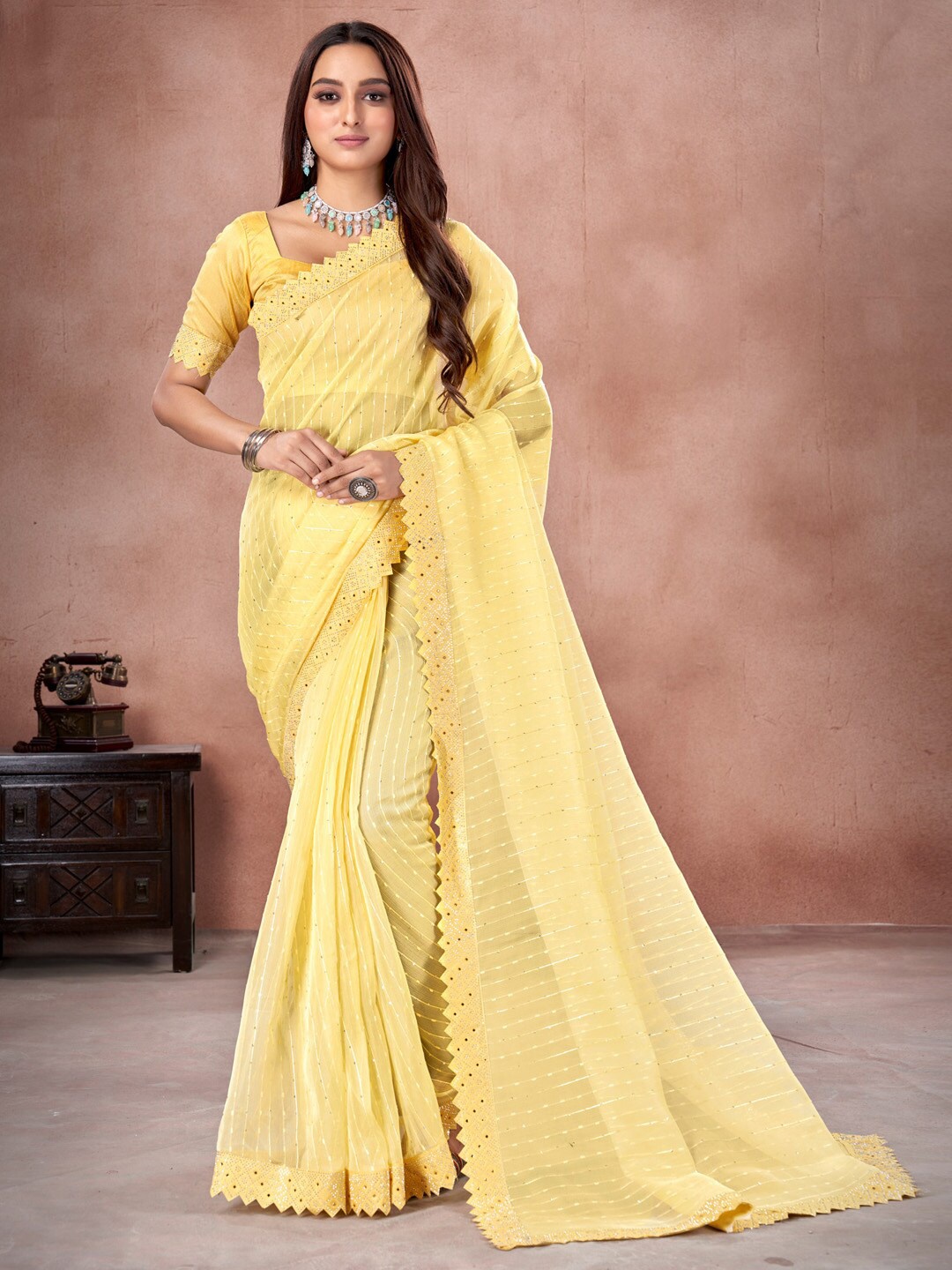 

Saree mall Ethnic Motifs Beads And Stones Embellished Organza Saree, Yellow