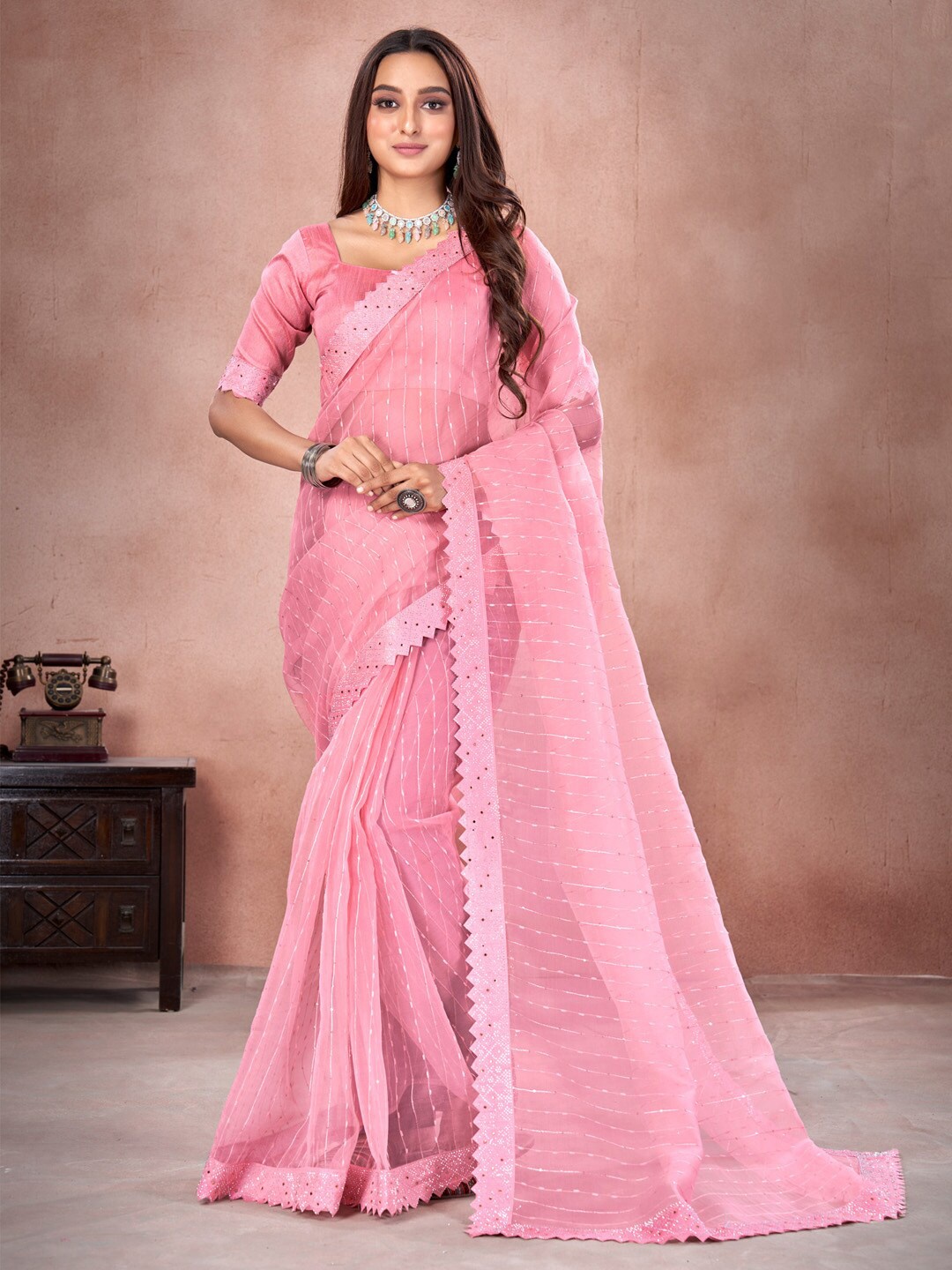 

Saree mall Embellished Beads And Stones Organza Saree, Pink