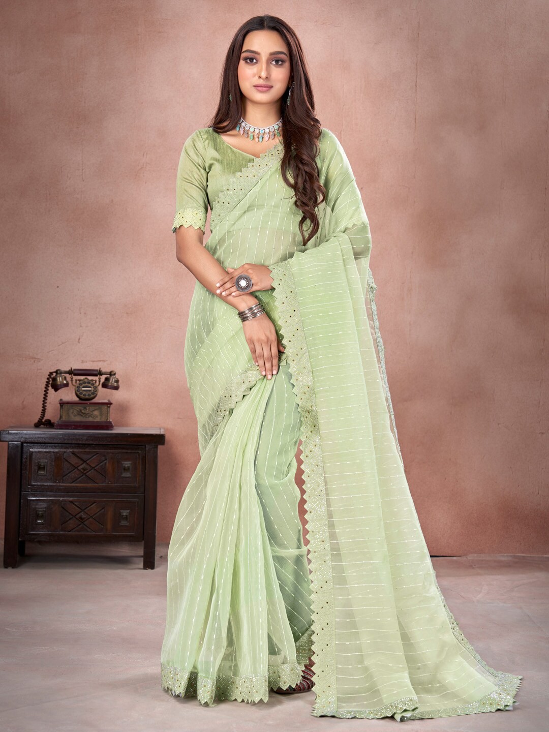 

Saree mall Striped Beads And Stones Embellished Organza Saree, Green