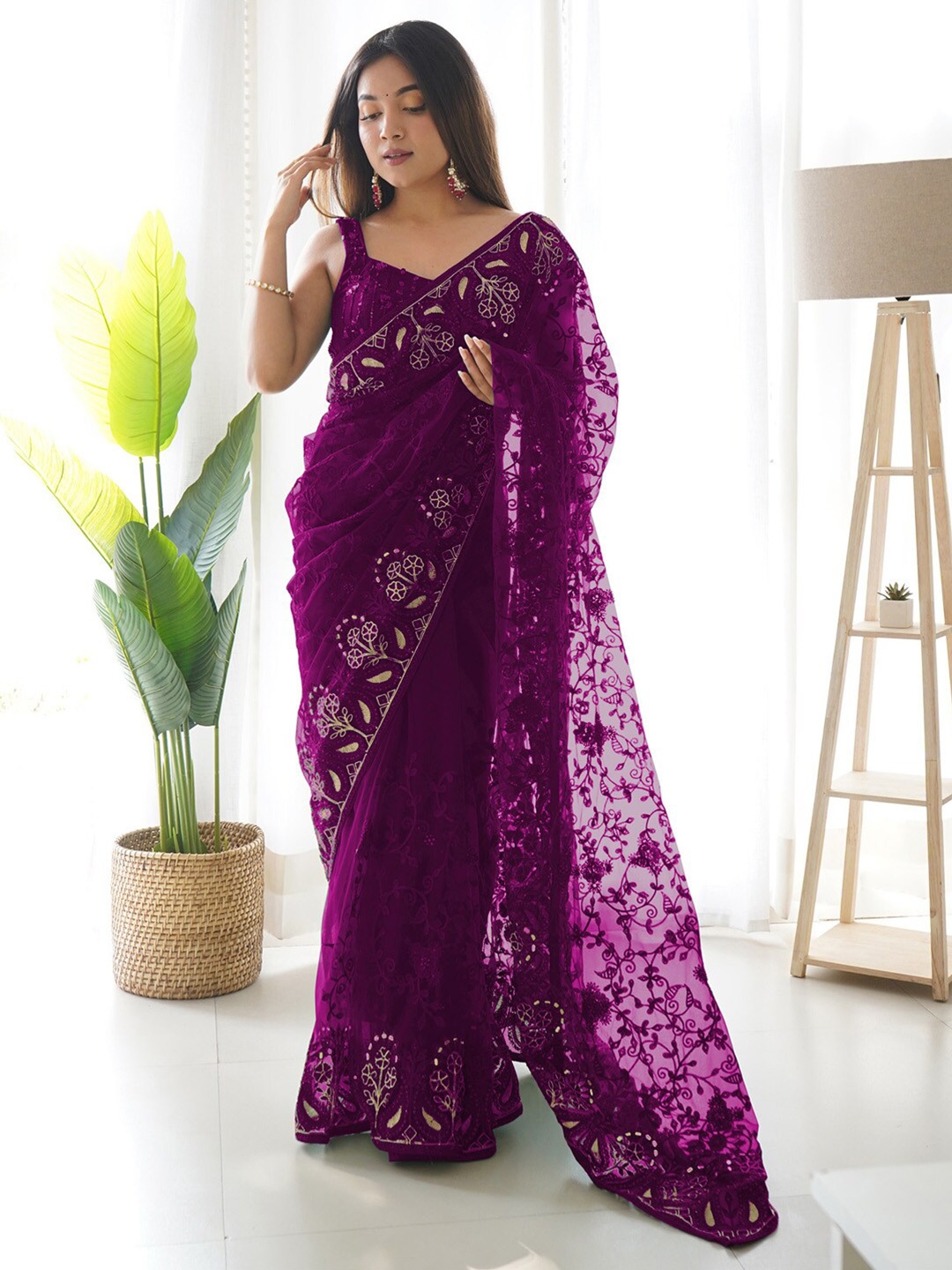 

Saree mall Embellished Sequinned Net Saree, Purple