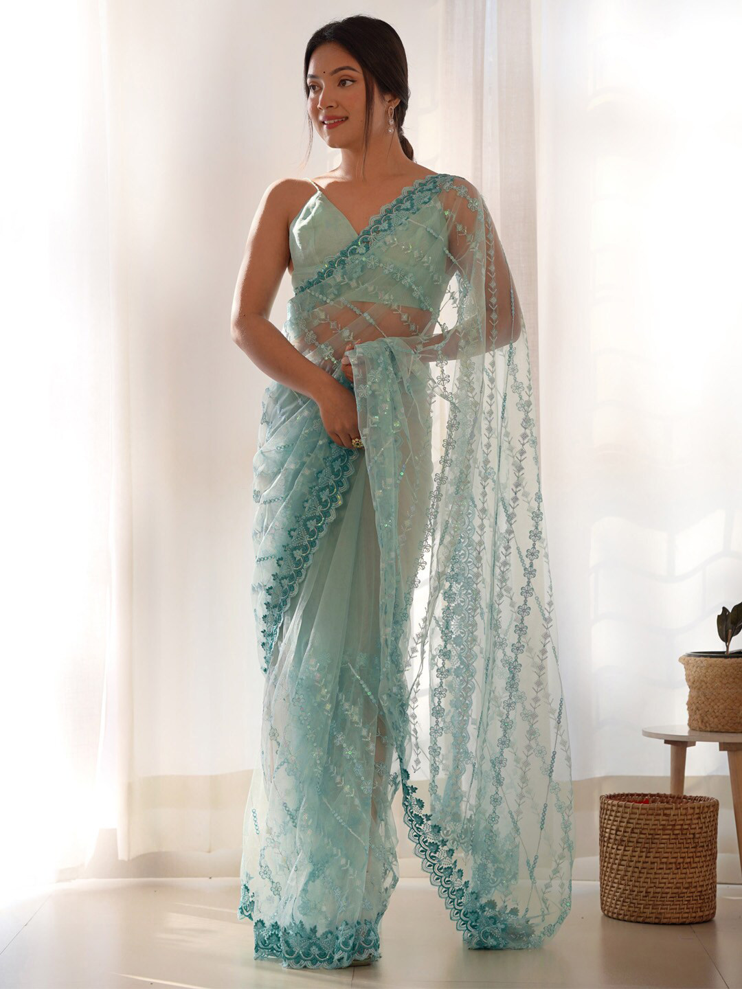 

Saree mall Embellished Sequinned Net Saree, Blue