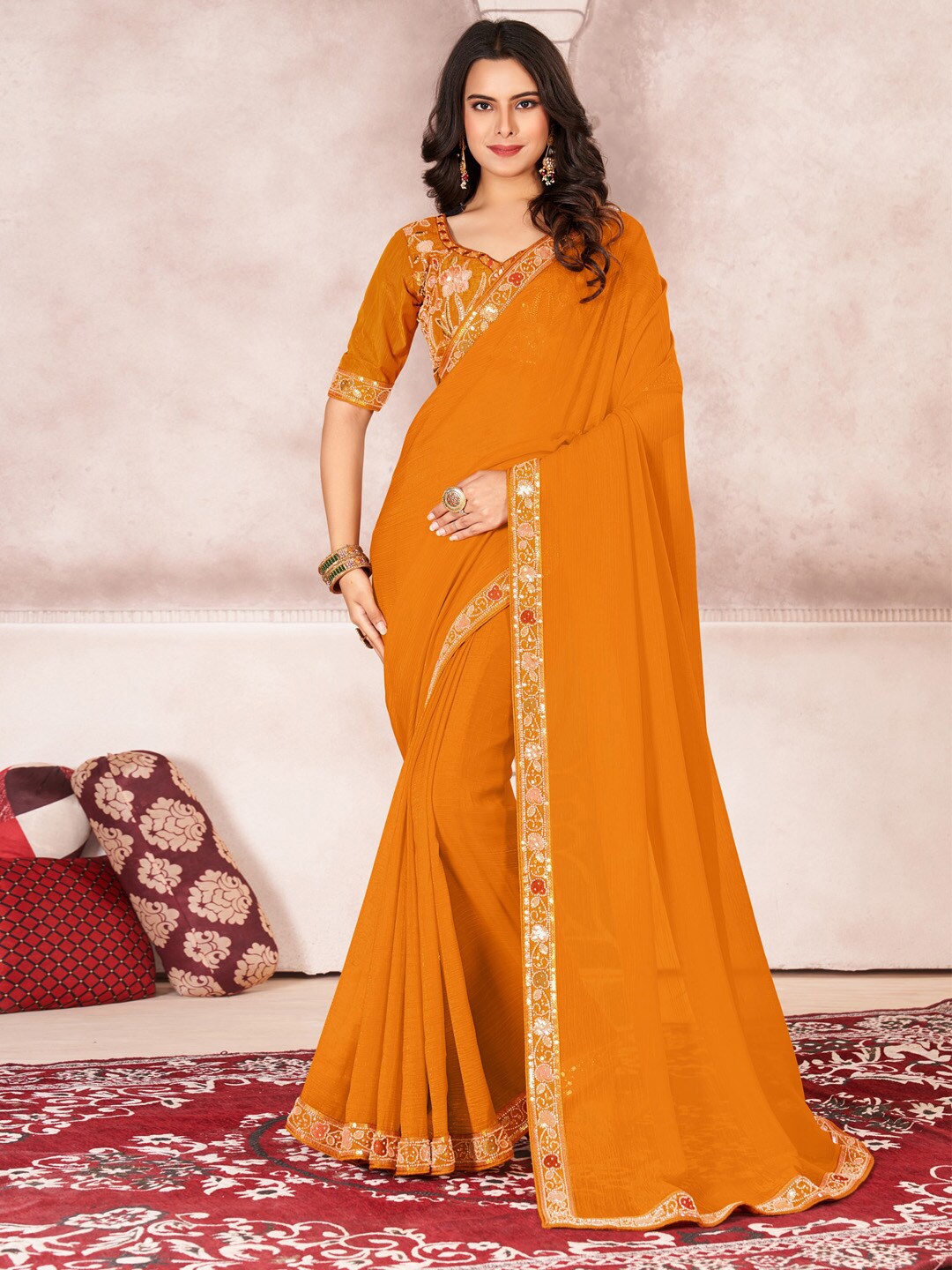 

Saree mall Sequinned Poly Chiffon Saree, Mustard