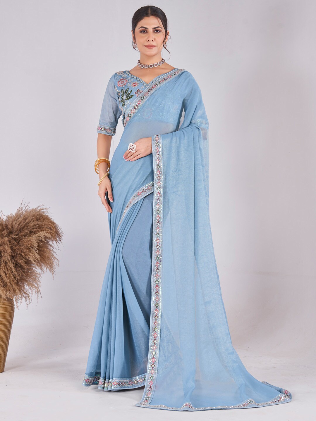 

Saree mall Embellished Sequinned Pure Georgette Saree, Blue