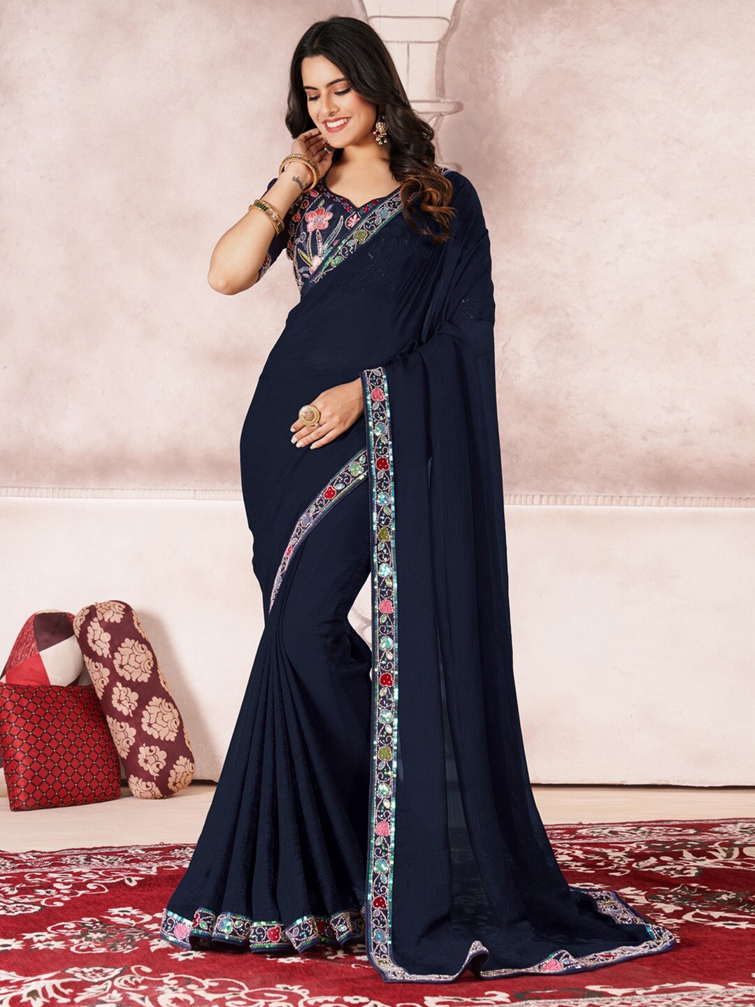 

Saree mall Sequinned Pure Chiffon Saree, Navy blue