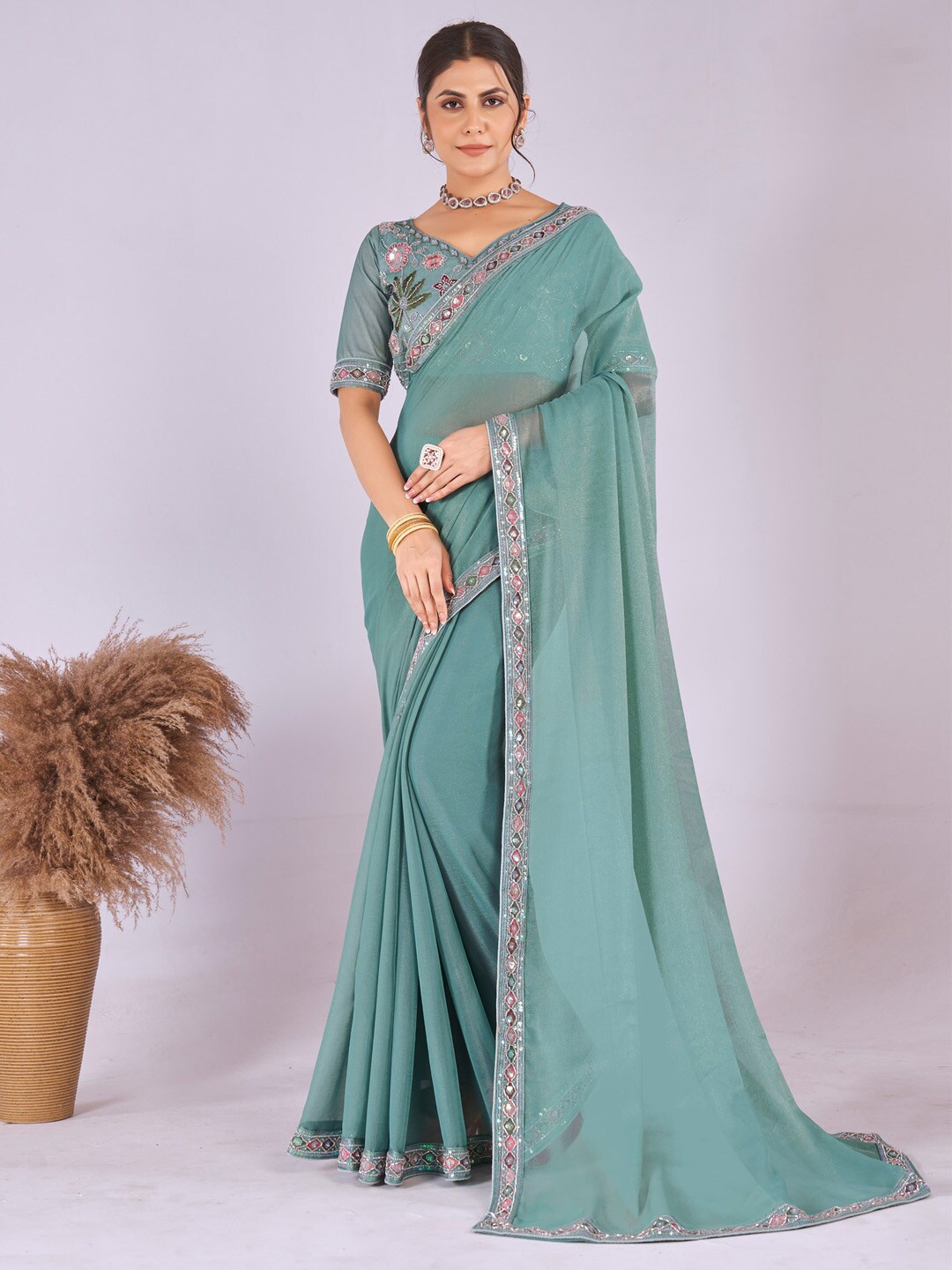 

Saree mall Sequinned Poly Georgette Saree, Sea green