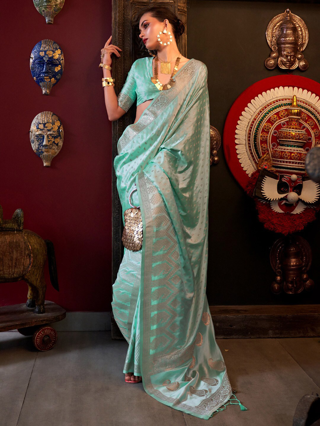 

Mitera Woven Design Zari Satin Banarasi Saree, Sea green