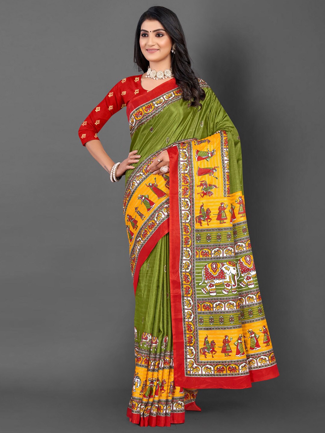 

Mitera Ethnic Motifs Printed Saree, Olive