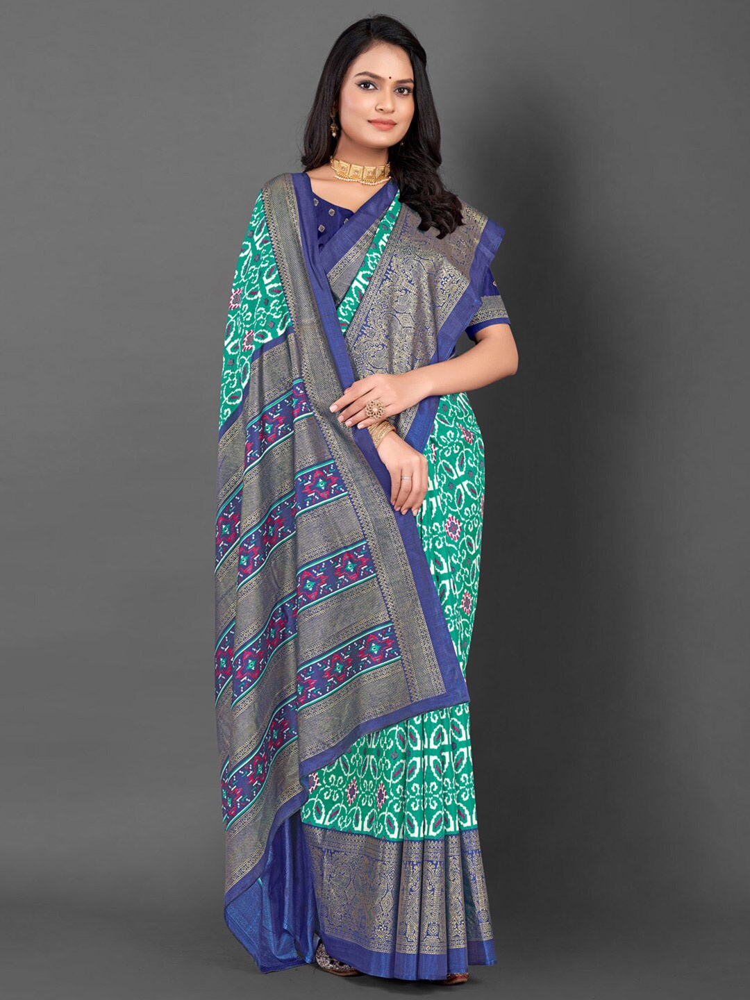 

Mitera Ethnic Motifs Printed Ikat Saree, Blue