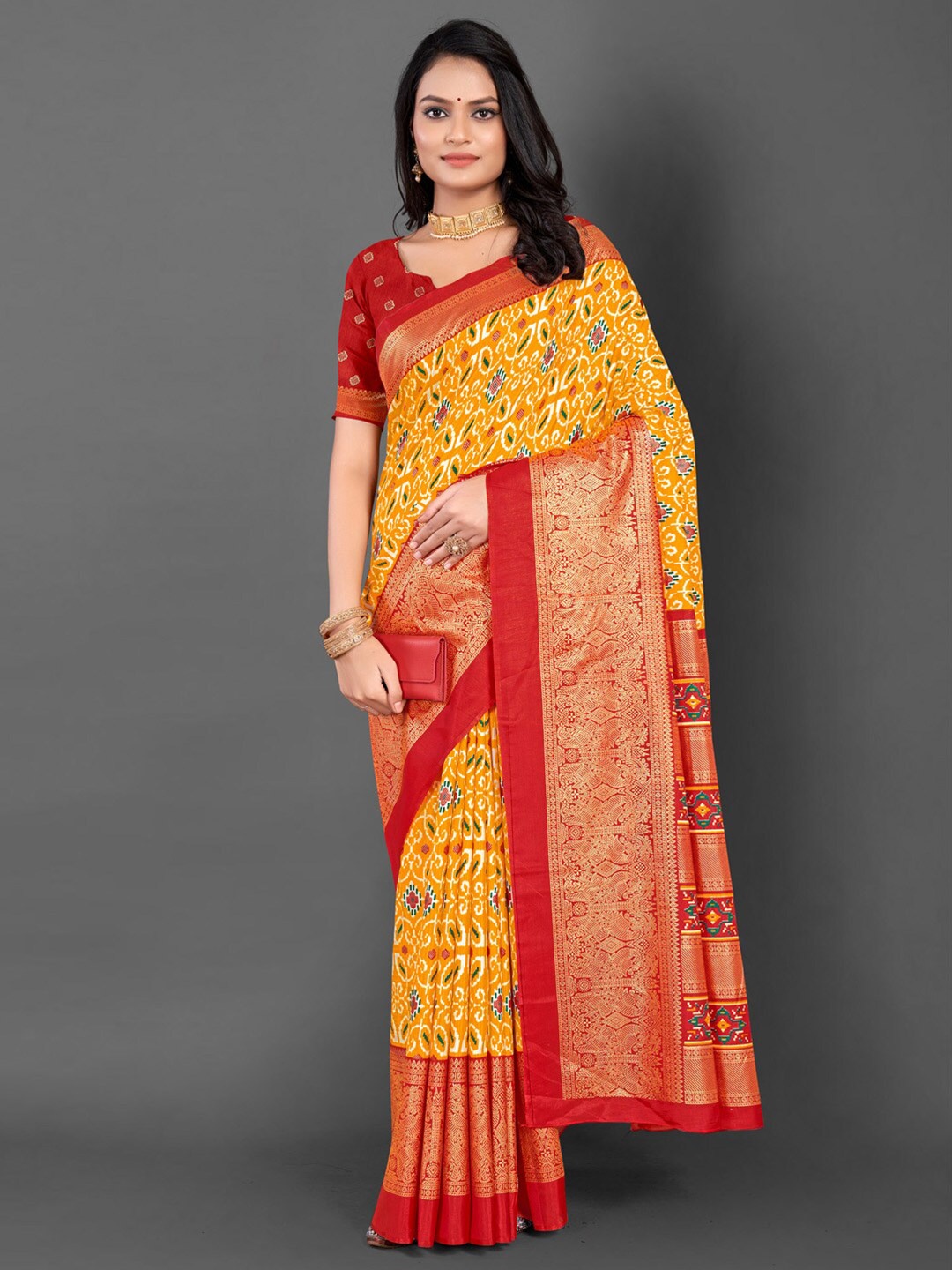 

Mitera Ethnic Motifs Printed Zari Ikat Saree, Yellow