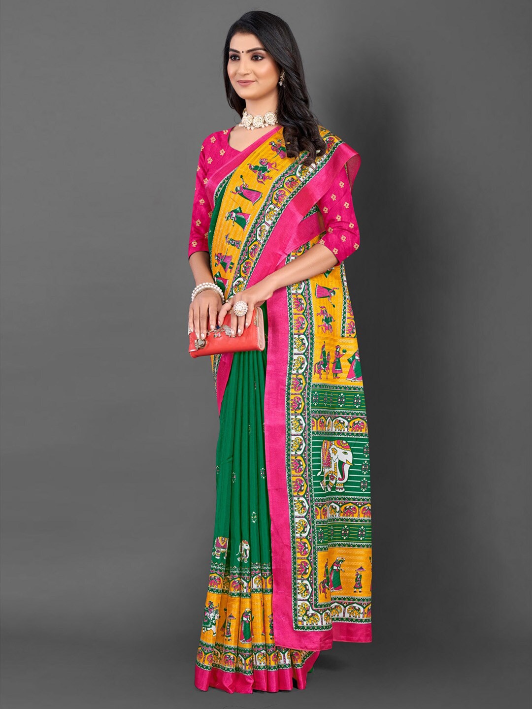 

Mitera Ethnic Motifs Printed Bagru Saree, Green