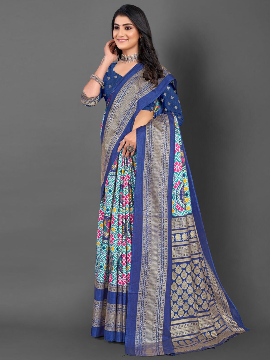 

Mitera Ethnic Motifs Printed Woven Design Zari Sungudi Saree, Blue