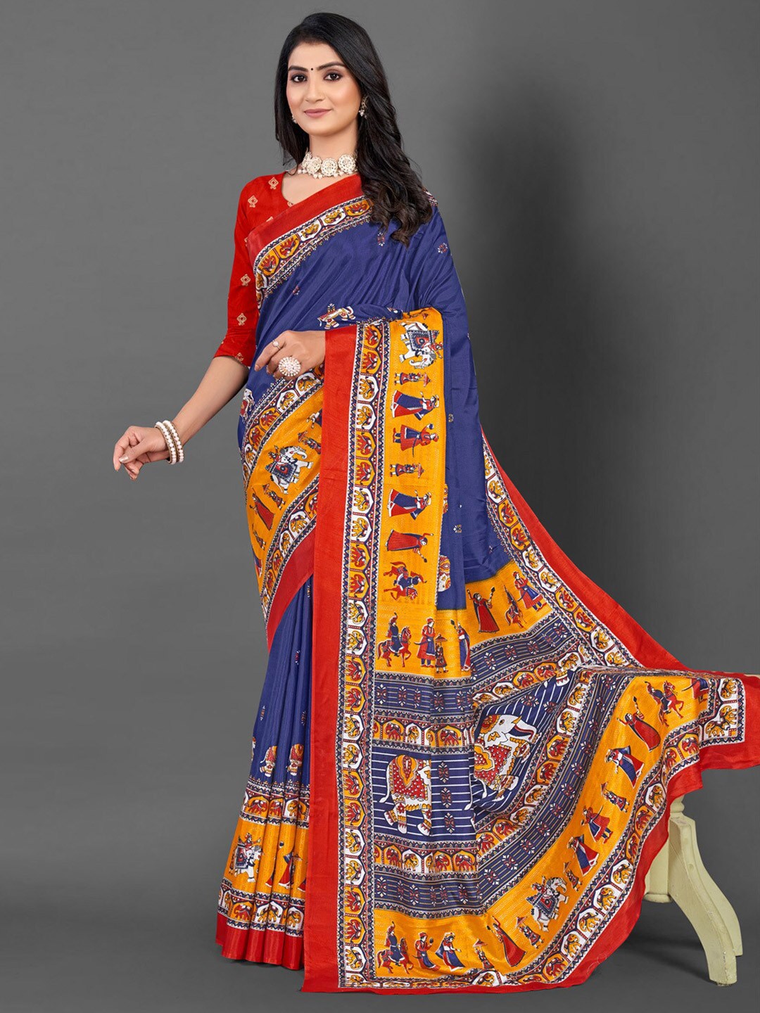 

Mitera Ethnic Motifs Printed Bagru Saree, Navy blue